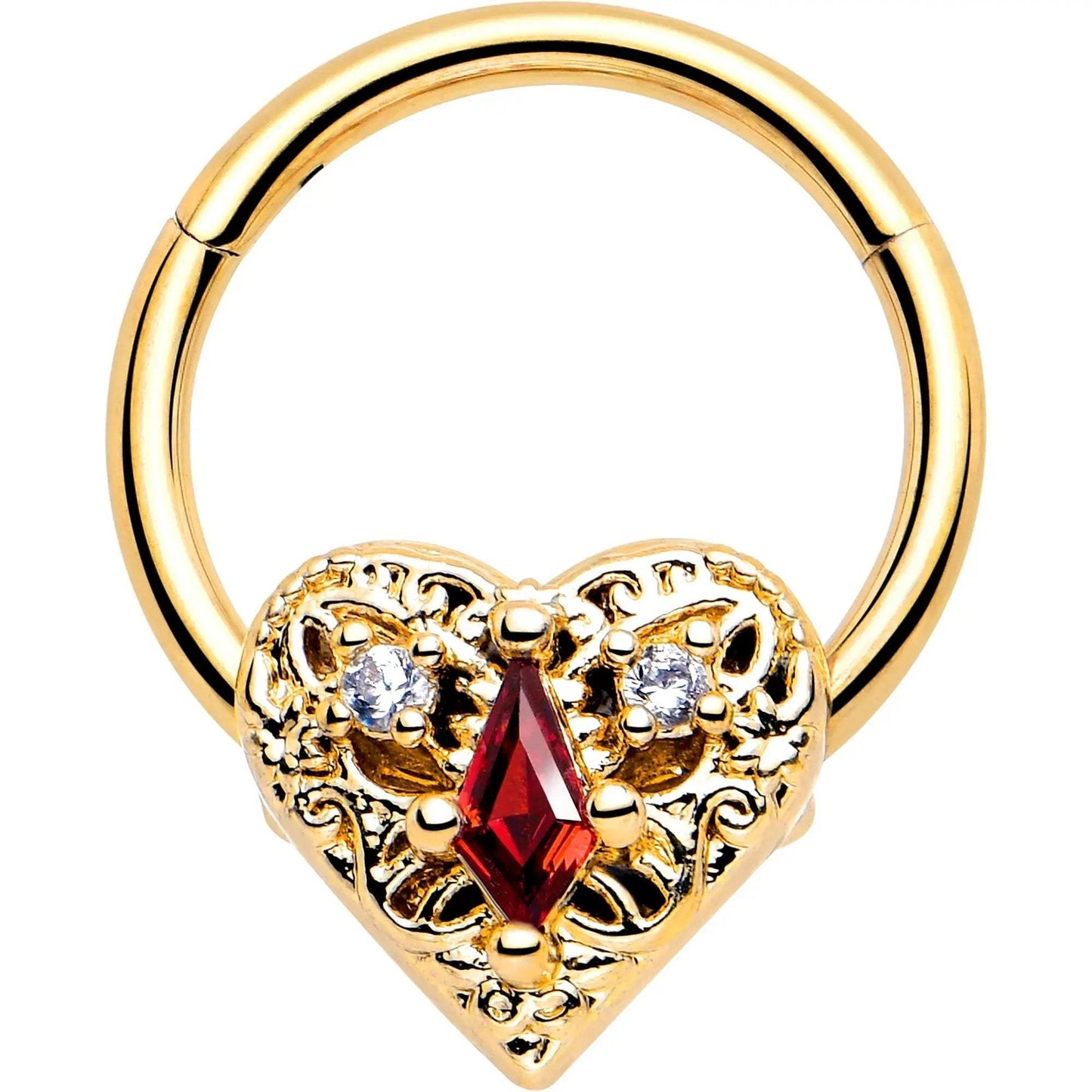 16G 3/8 Red CZ Gem Gold Tone Heart Queen Hinged Segment Ring - BodyCandy - Flyclothing LLC