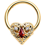 16G 3/8 Red CZ Gem Gold Tone Heart Queen Hinged Segment Ring - BodyCandy - Flyclothing LLC