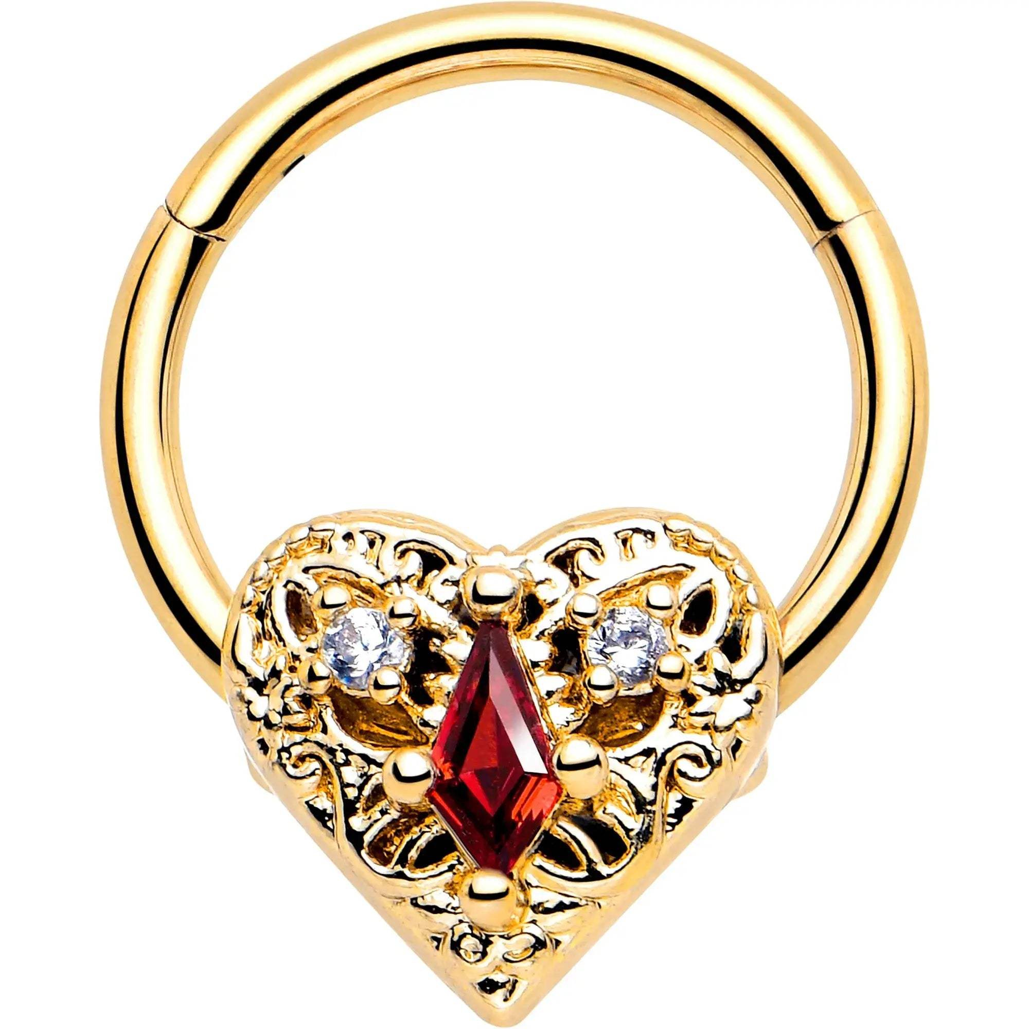 16G 3/8 Red CZ Gem Gold Tone Heart Queen Hinged Segment Ring - BodyCandy - Flyclothing LLC
