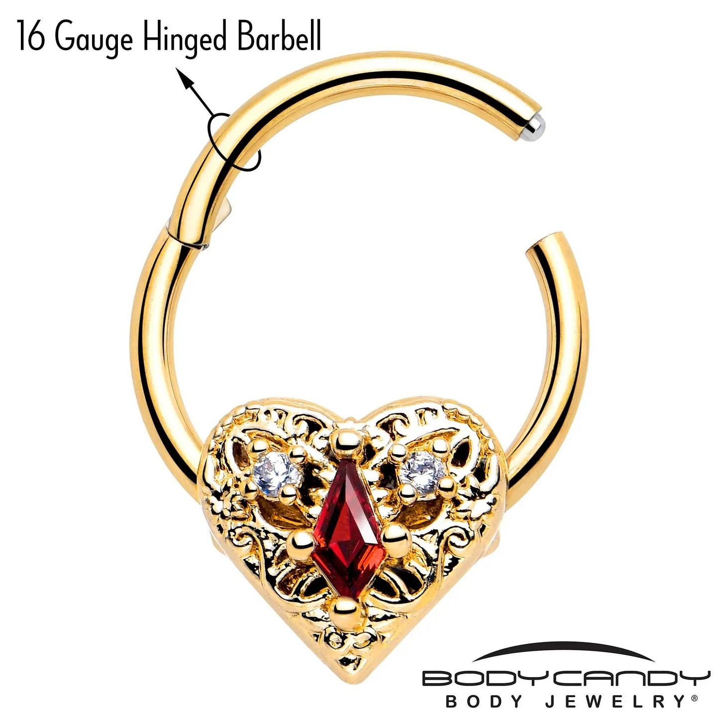 16G 3/8 Red CZ Gem Gold Tone Heart Queen Hinged Segment Ring - BodyCandy - Flyclothing LLC