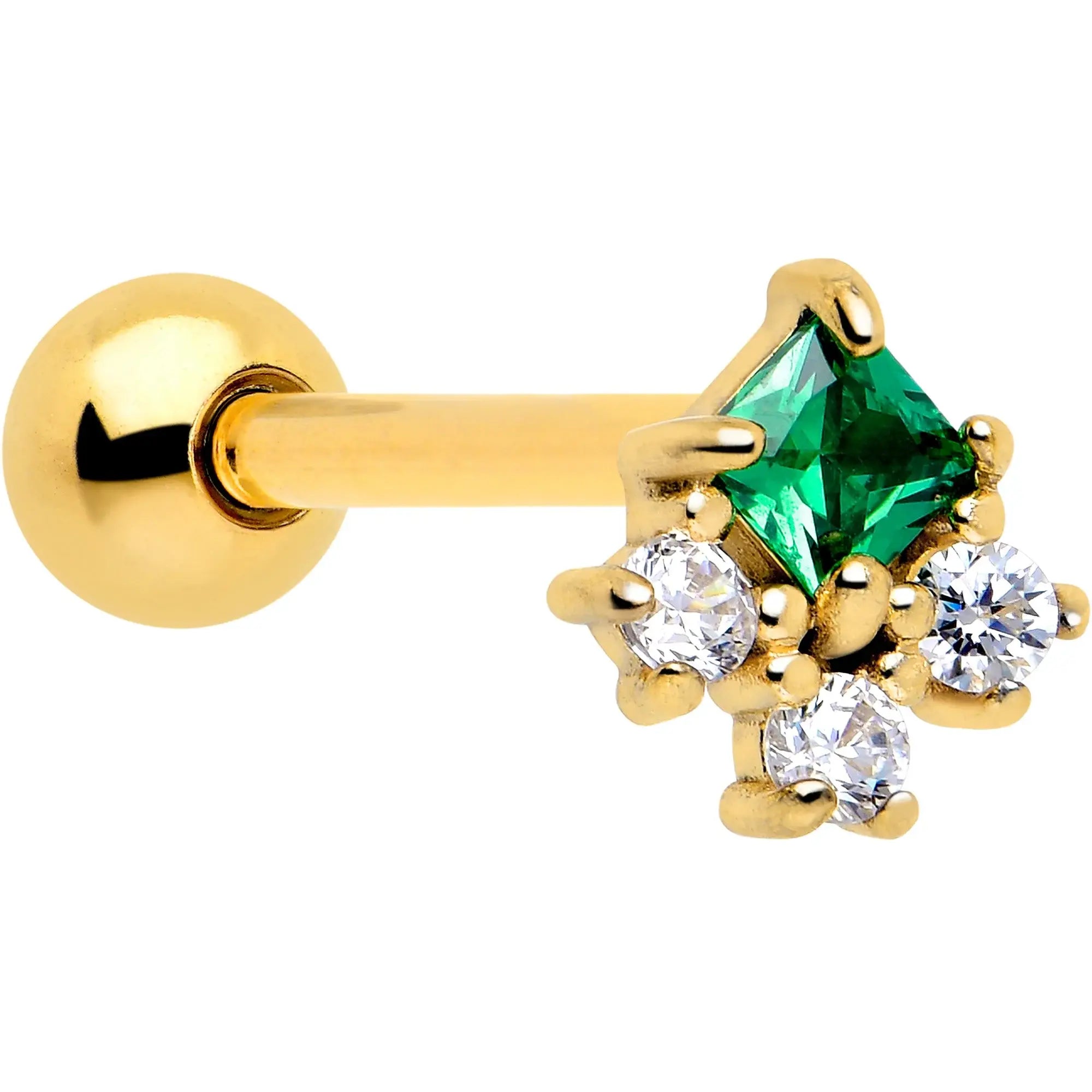 Green CZ Gem Gold Tone Rhombus Riot Barbell Tongue Ring - BodyCandy - Flyclothing LLC
