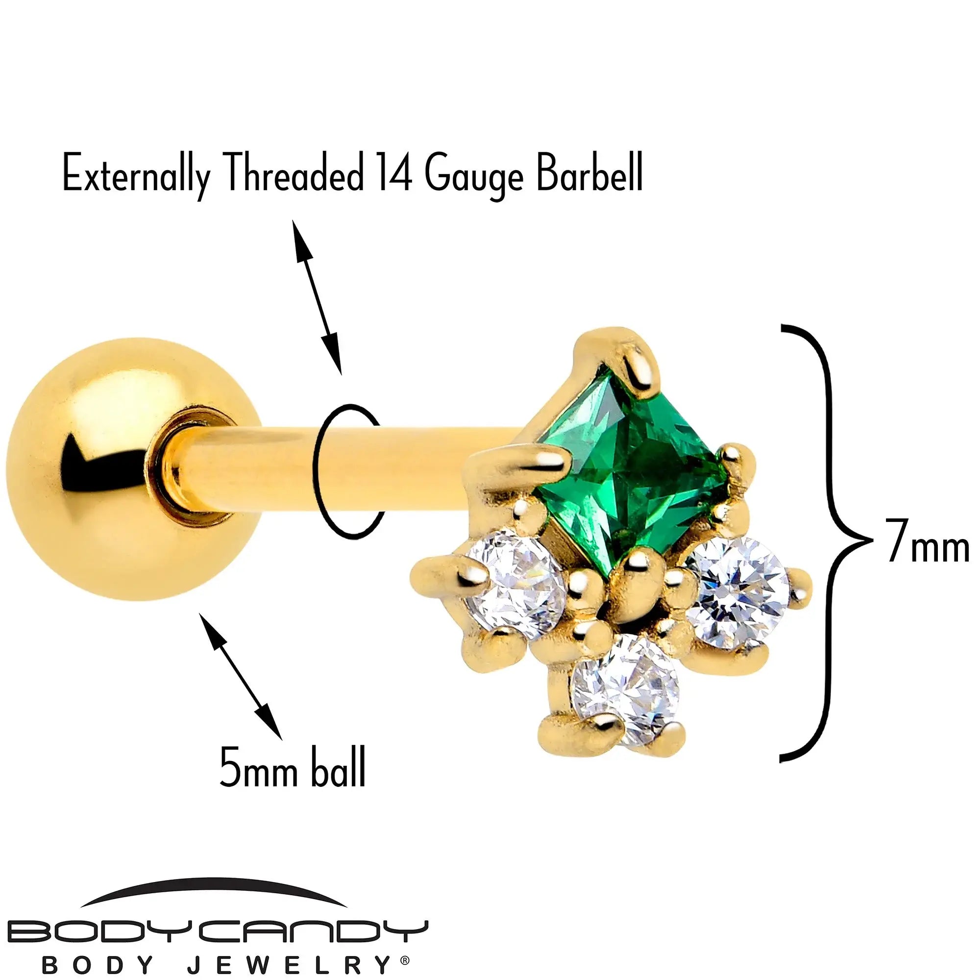 Green CZ Gem Gold Tone Rhombus Riot Barbell Tongue Ring - BodyCandy - Flyclothing LLC