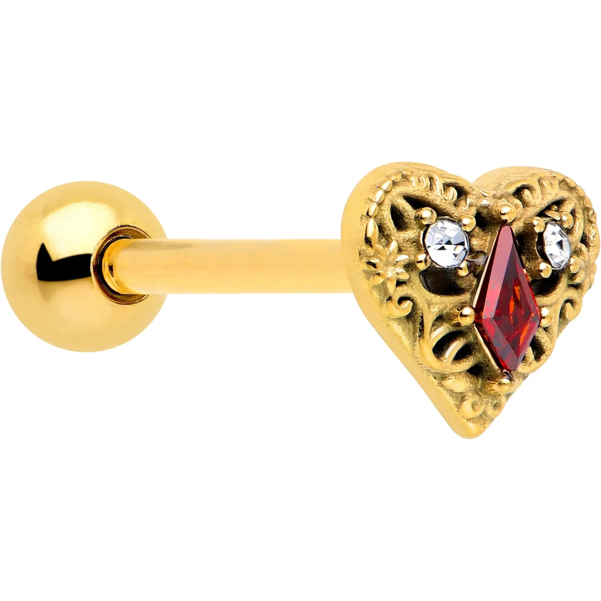 Red CZ Gem Gold Tone Heart Queen Barbell Tongue Ring - BodyCandy - Flyclothing LLC