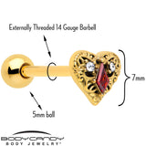 Red CZ Gem Gold Tone Heart Queen Barbell Tongue Ring - BodyCandy - Flyclothing LLC
