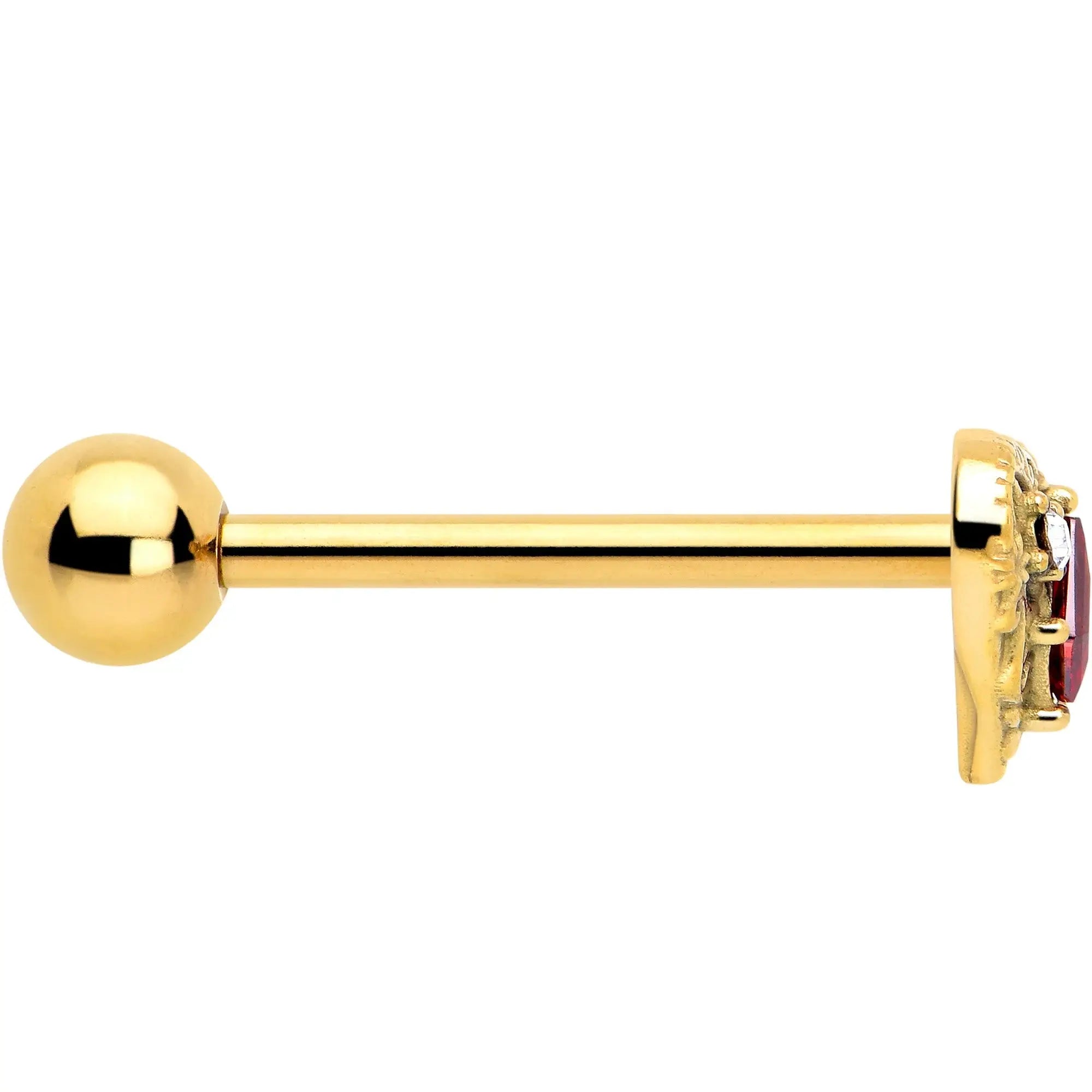Red CZ Gem Gold Tone Heart Queen Barbell Tongue Ring - BodyCandy - Flyclothing LLC