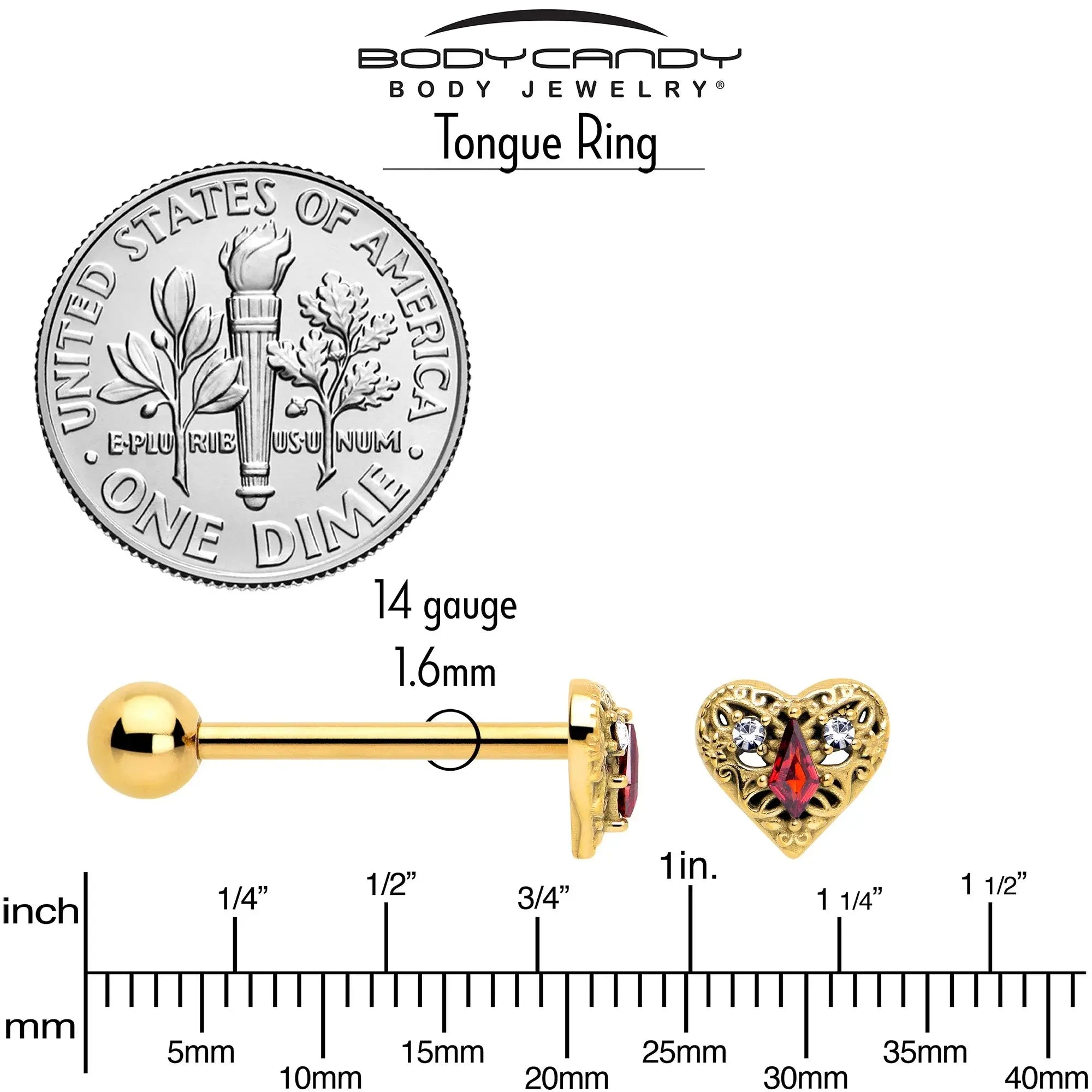 Red CZ Gem Gold Tone Heart Queen Barbell Tongue Ring - BodyCandy - Flyclothing LLC