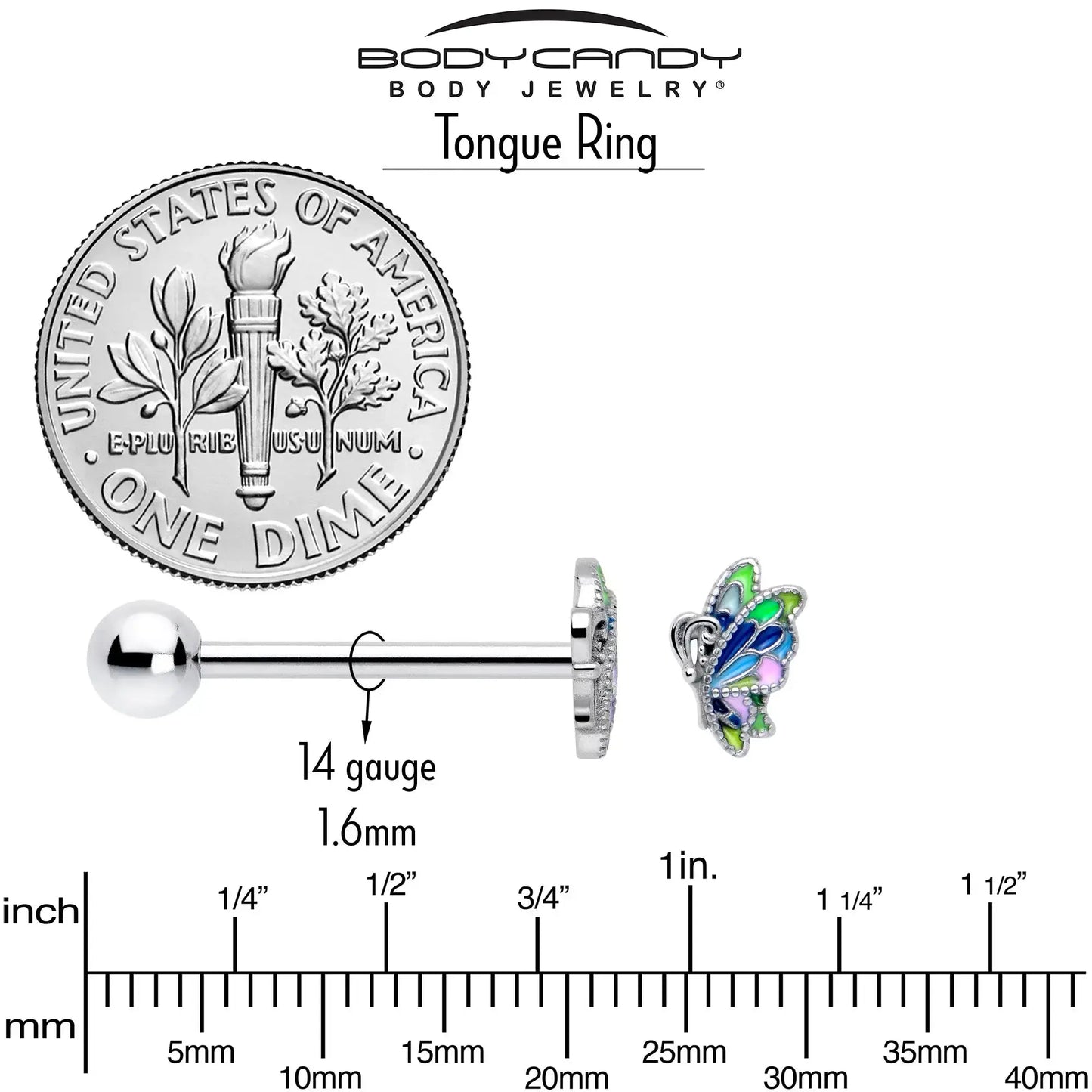 Pastel Profile Butterfly Barbell Tongue Ring - BodyCandy - Flyclothing LLC