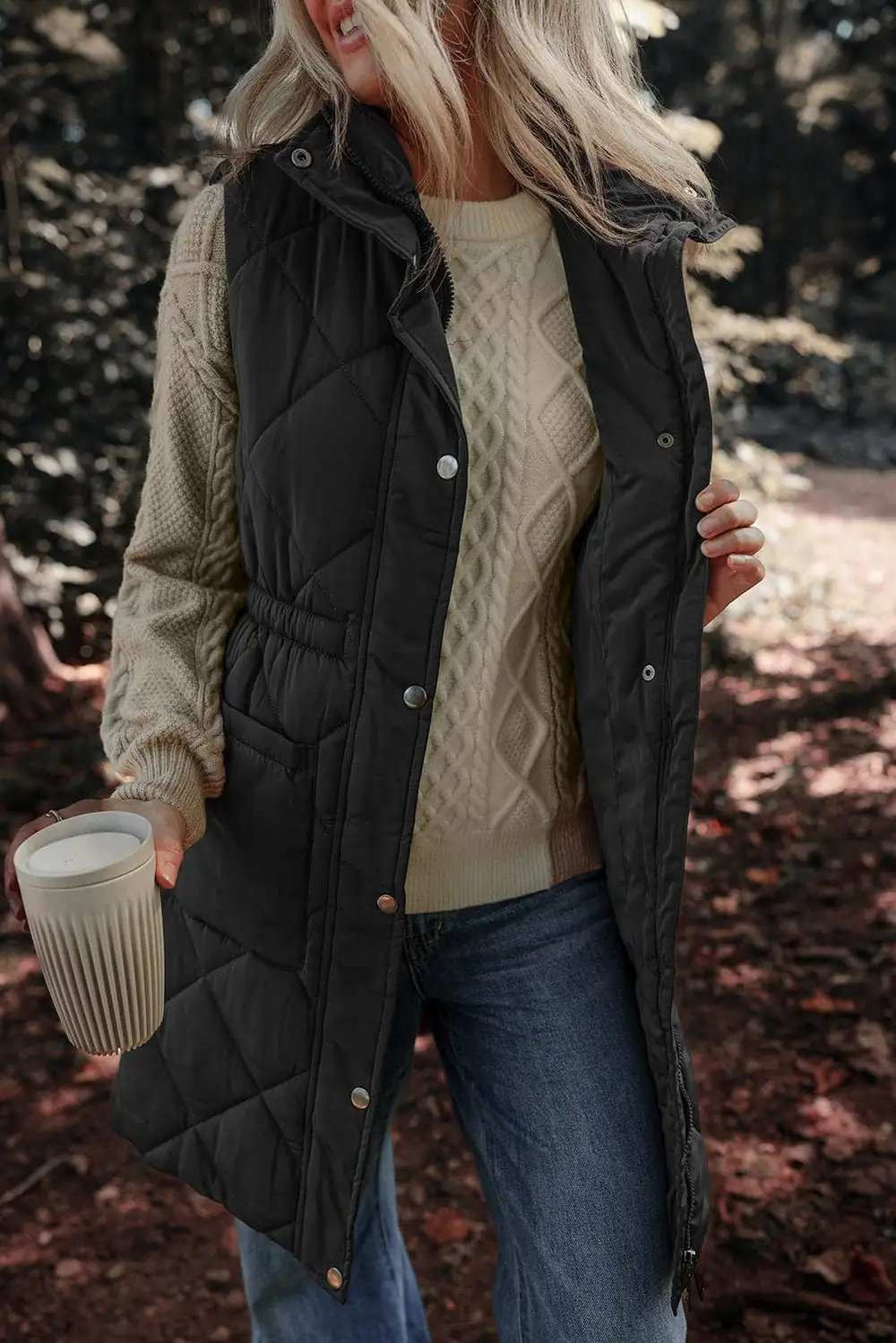 Pocketed Zipper and Button Vest Coat - Trendsi - Flyclothing LLC