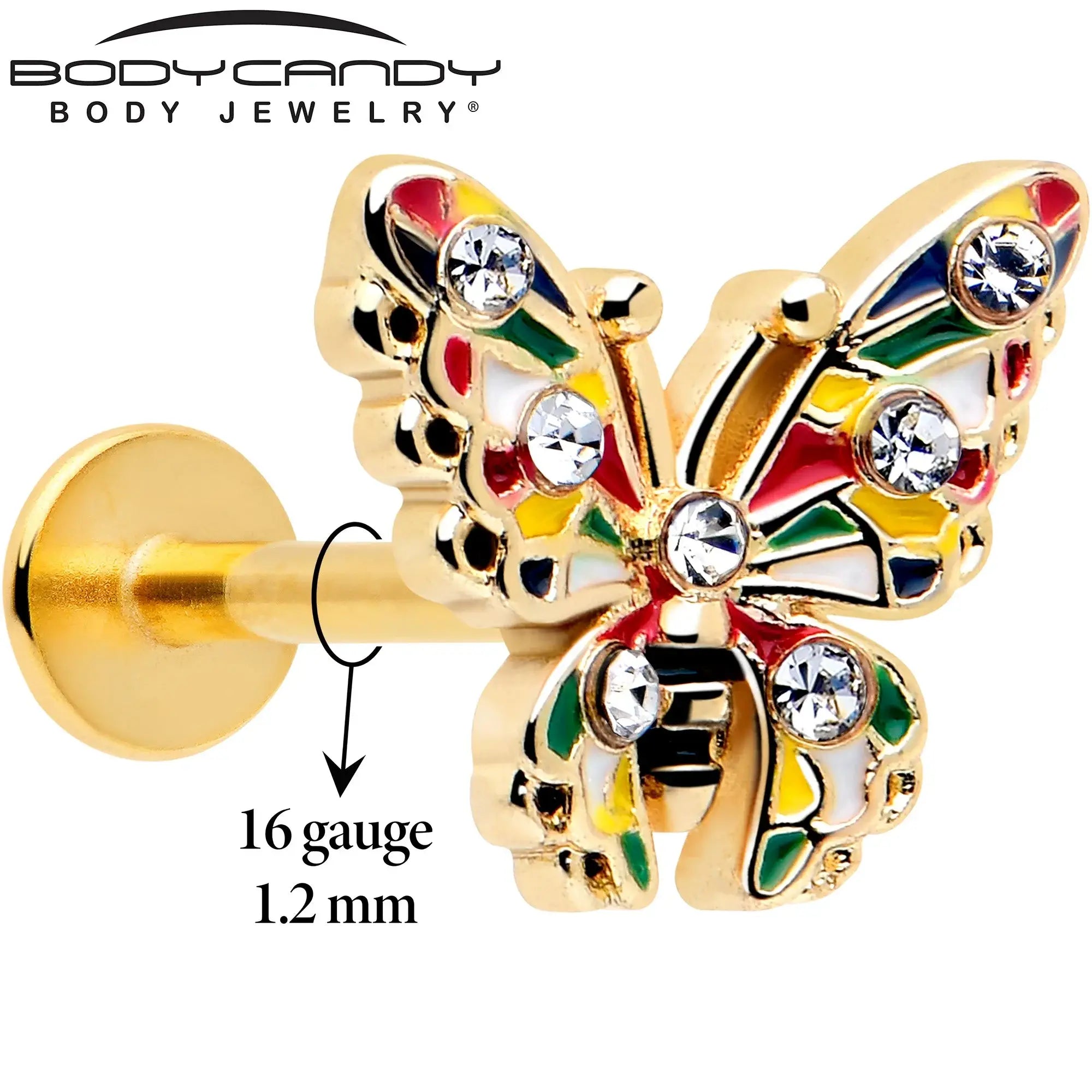16G 5/16 Clear Gem Gold Tone Color Block Butterfly Labret Tragus - BodyCandy - Flyclothing LLC