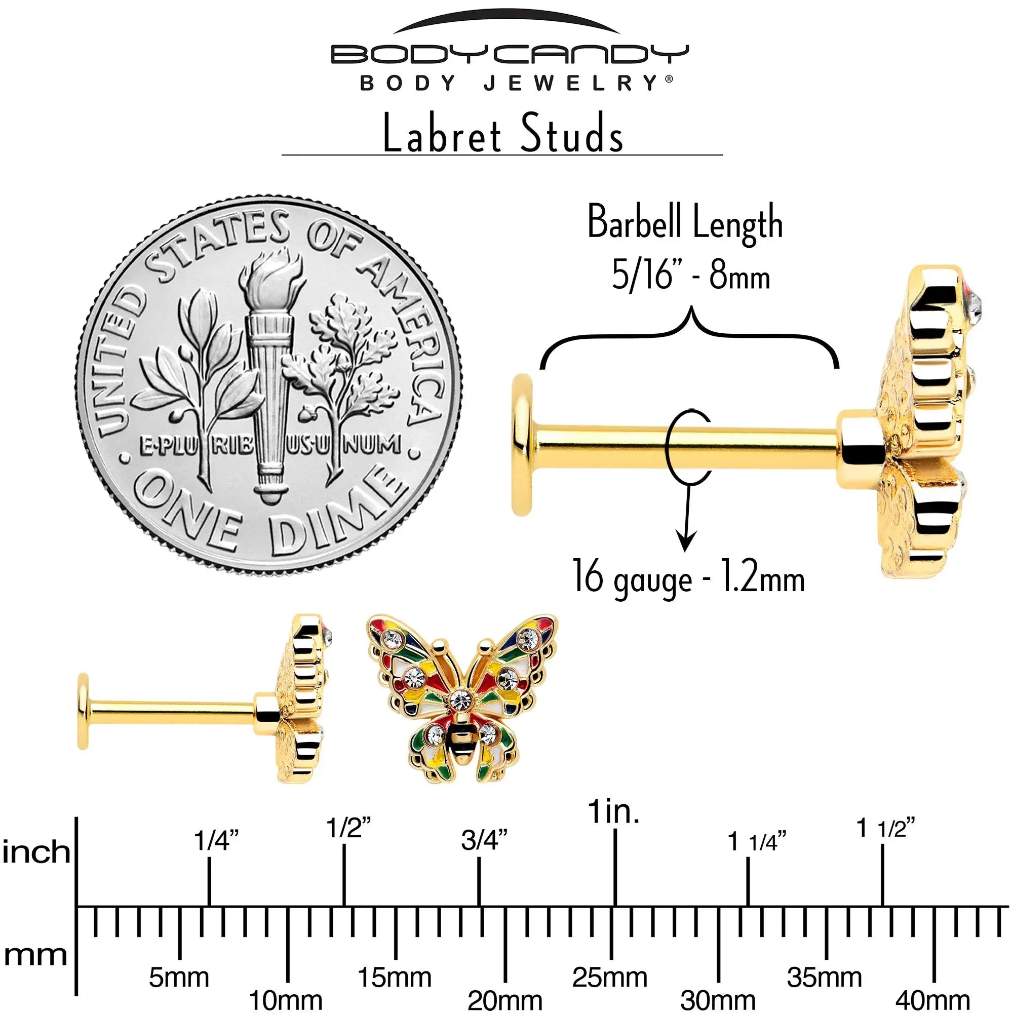 16G 5/16 Clear Gem Gold Tone Color Block Butterfly Labret Tragus - BodyCandy - Flyclothing LLC