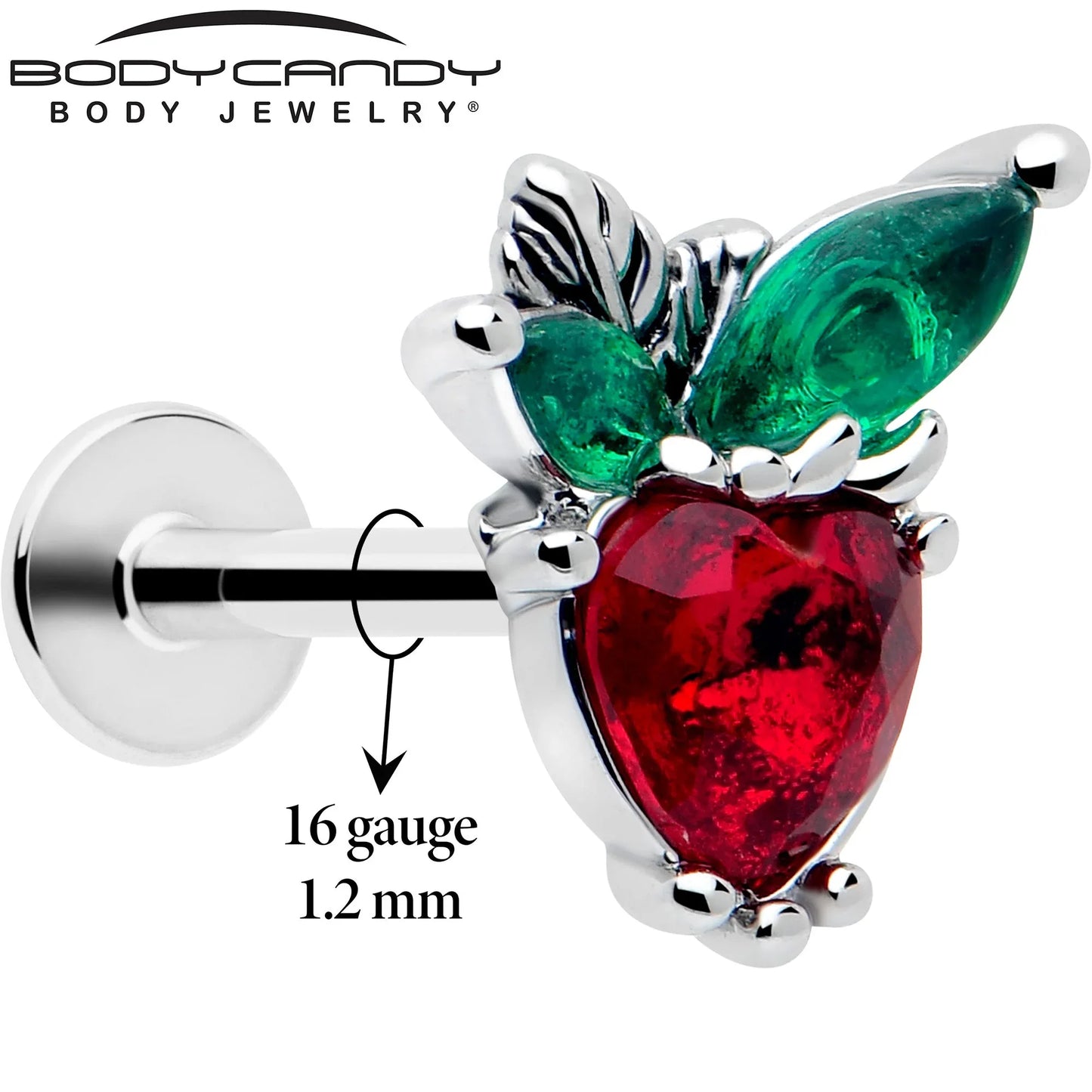 16G 5/16 Red Green Gem Strawberry Heart Labret Monroe Tragus - BodyCandy - Flyclothing LLC