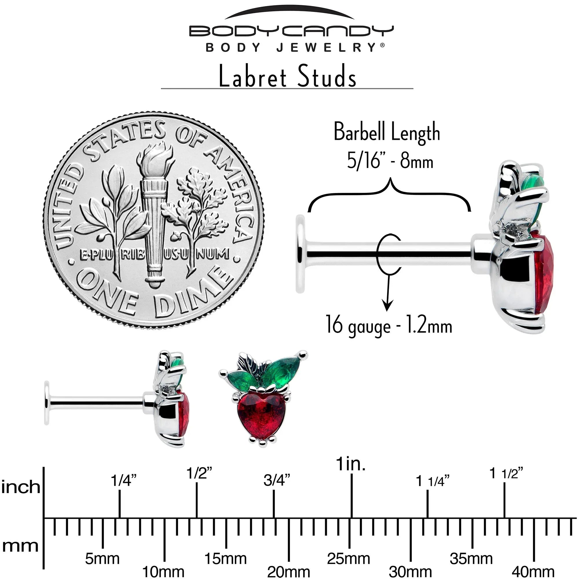 16G 5/16 Red Green Gem Strawberry Heart Labret Monroe Tragus - BodyCandy - Flyclothing LLC