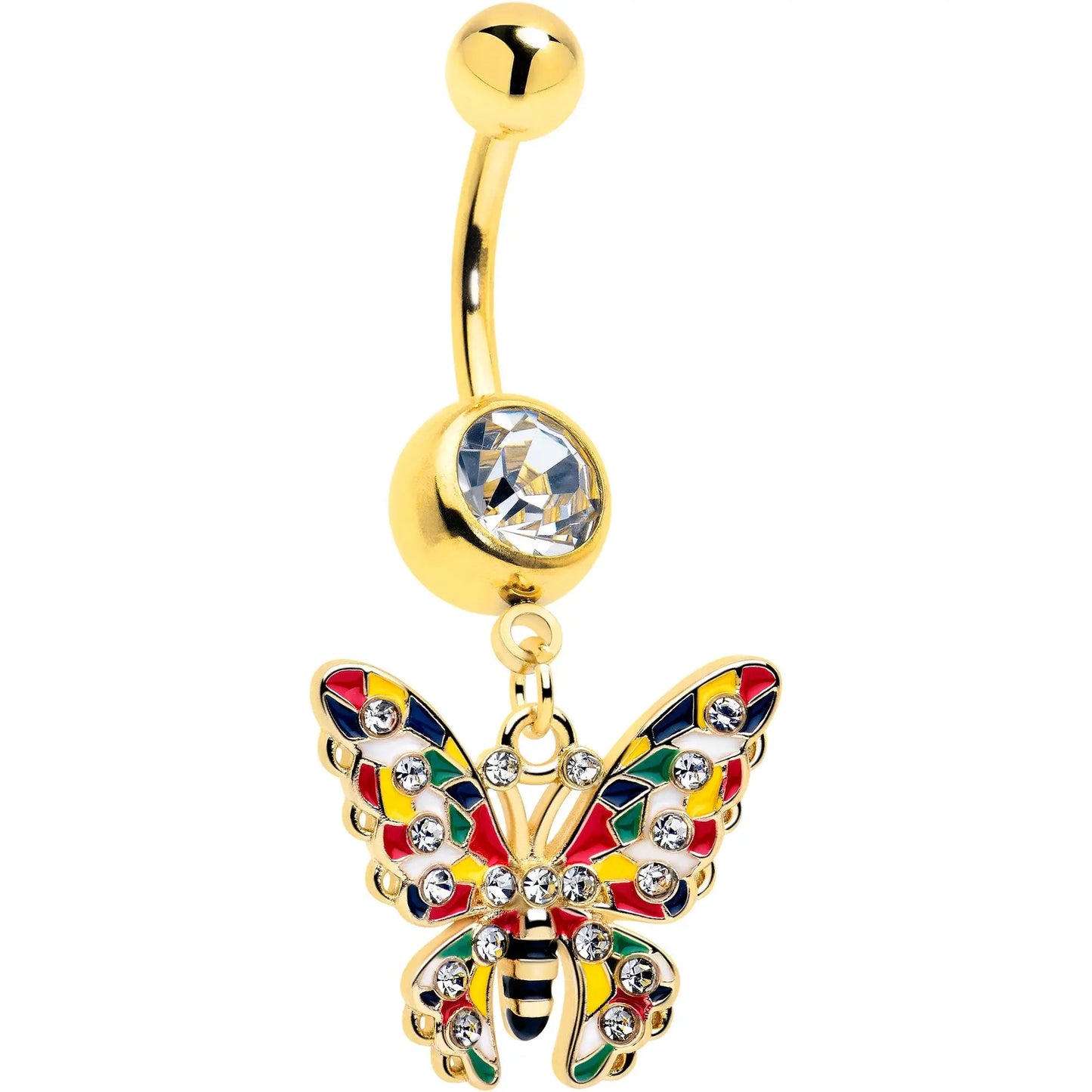 Clear Gem Gold Tone Color Block Butterfly Dangle Belly Ring - BodyCandy - Flyclothing LLC