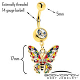 Clear Gem Gold Tone Color Block Butterfly Dangle Belly Ring - BodyCandy - Flyclothing LLC