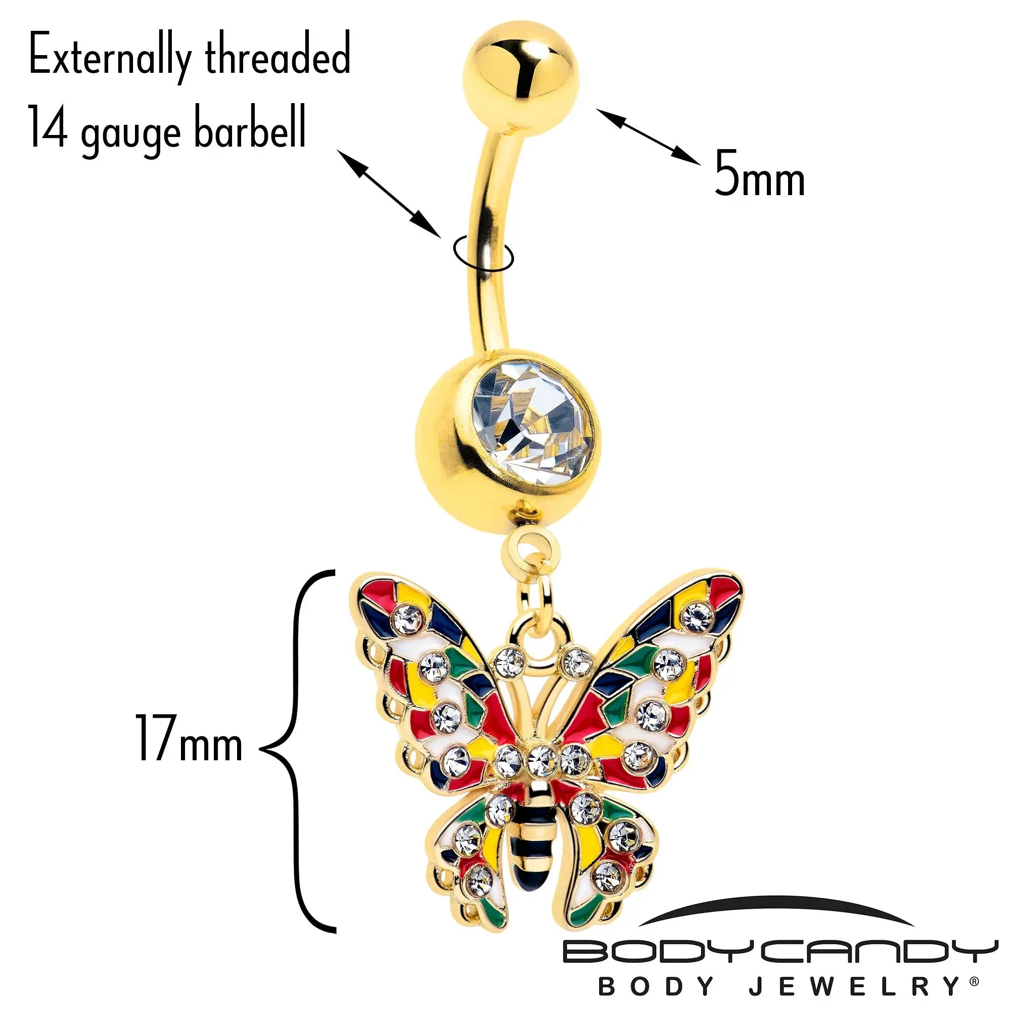 Clear Gem Gold Tone Color Block Butterfly Dangle Belly Ring - BodyCandy - Flyclothing LLC