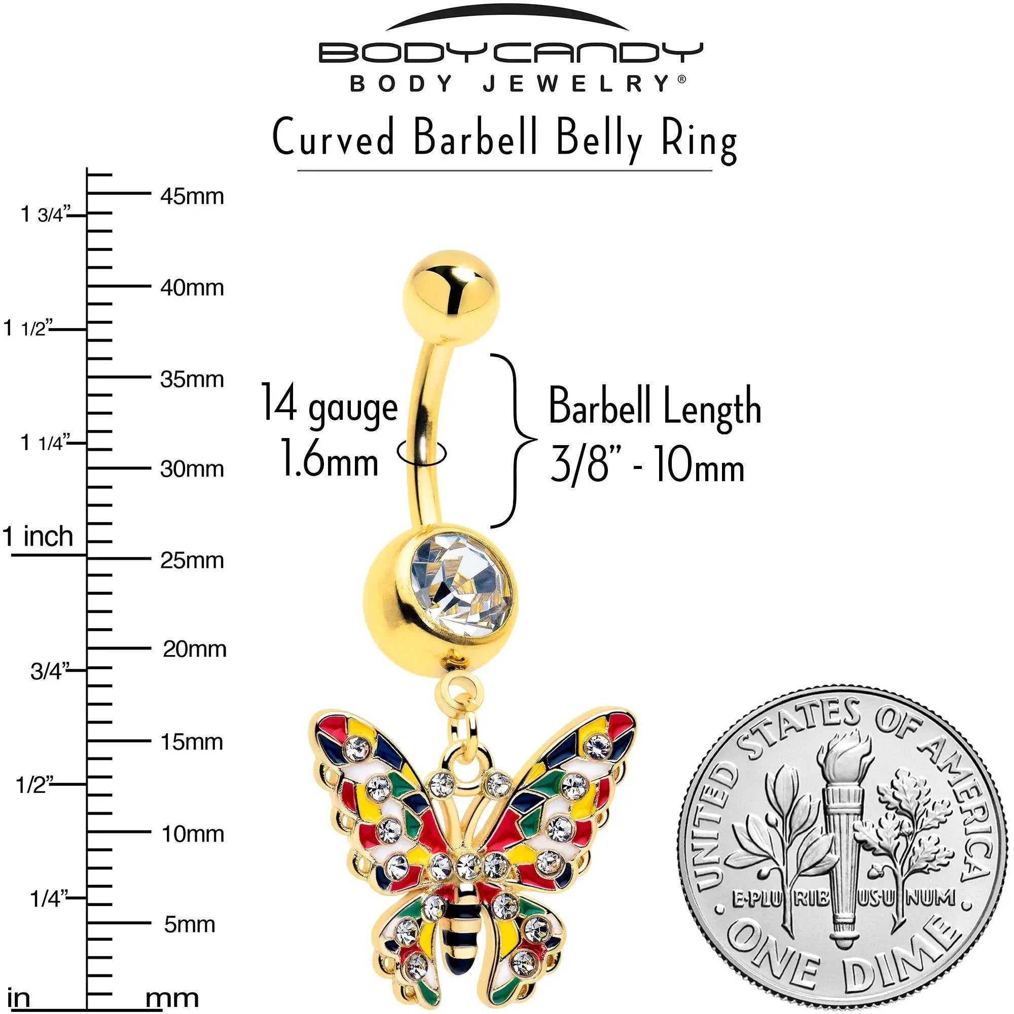 Clear Gem Gold Tone Color Block Butterfly Dangle Belly Ring - BodyCandy - Flyclothing LLC