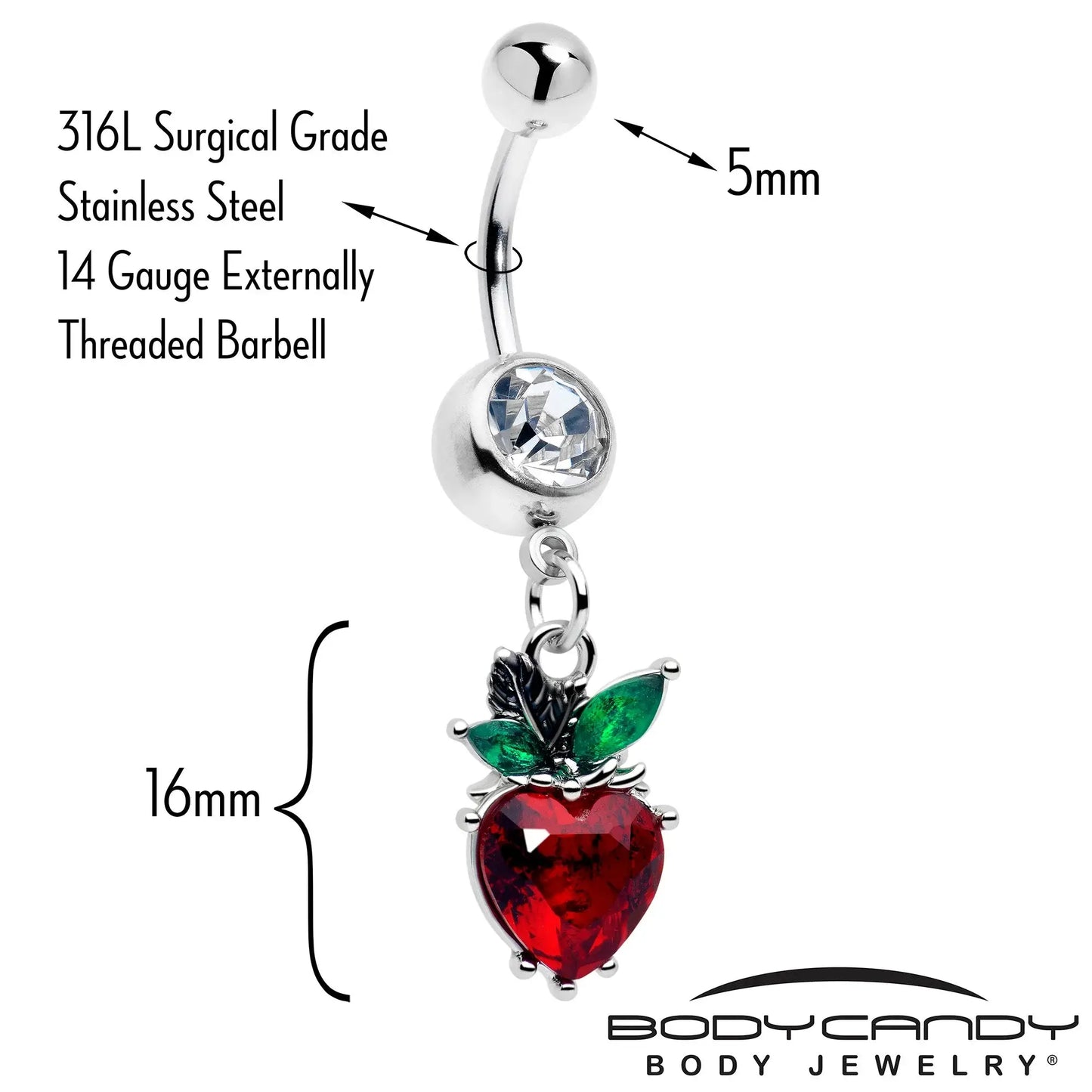 Clear Red Green Gem Strawberry Heart Dangle Belly Ring - BodyCandy - Flyclothing LLC