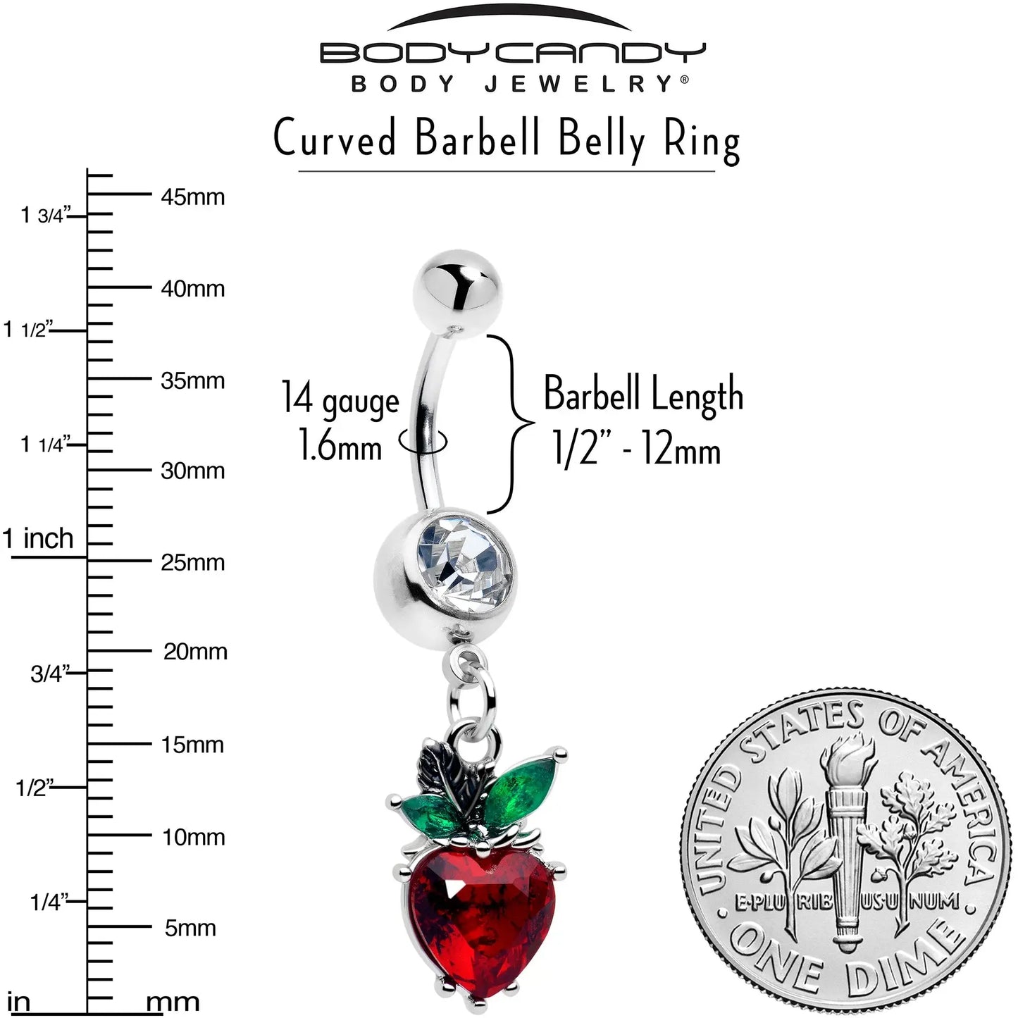Clear Red Green Gem Strawberry Heart Dangle Belly Ring - BodyCandy - Flyclothing LLC