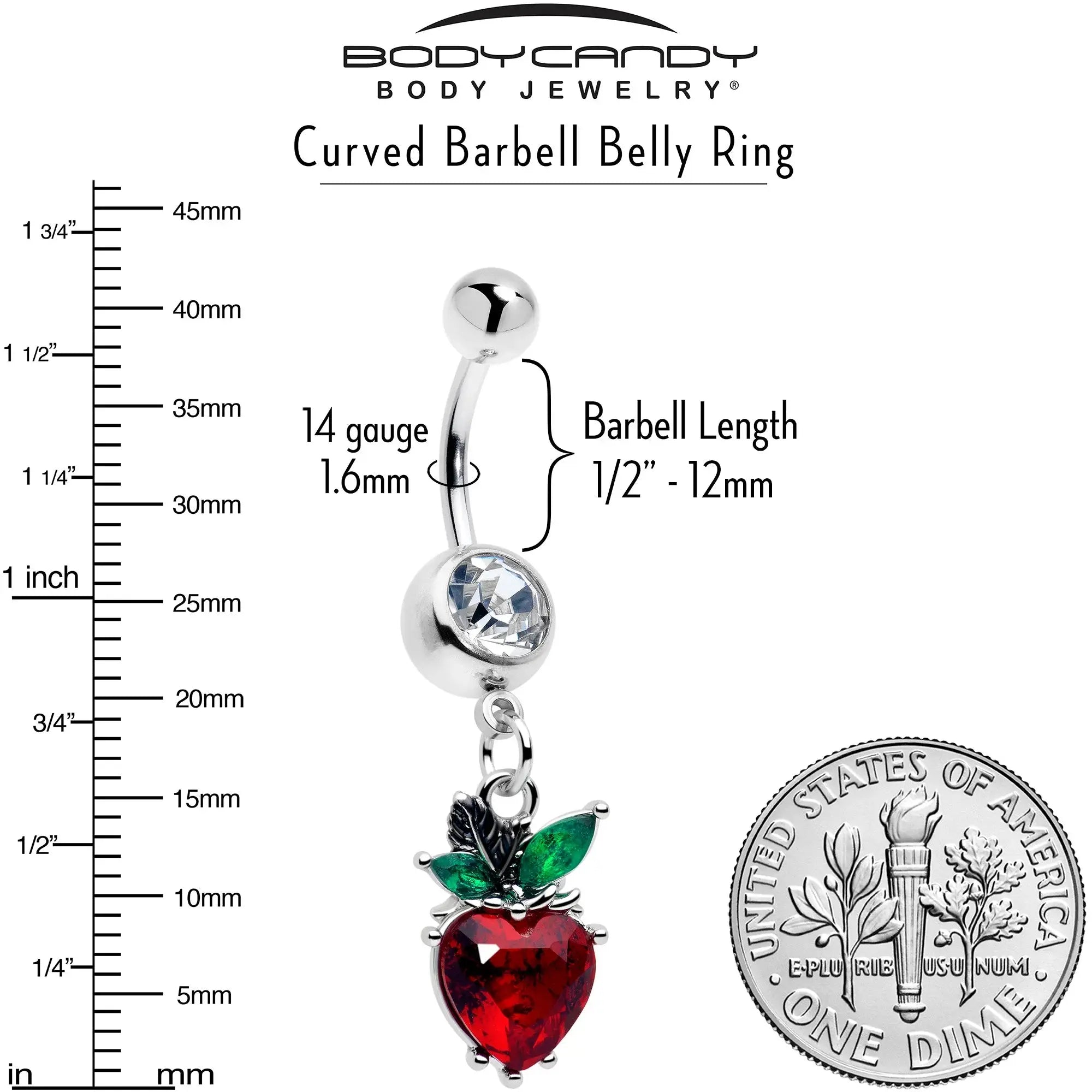 Clear Red Green Gem Strawberry Heart Dangle Belly Ring - BodyCandy - Flyclothing LLC