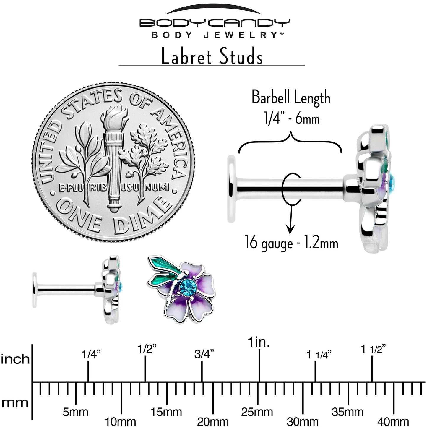 16G 1/4 Blue Gem Faerie Flower Purple Labret - BodyCandy - Flyclothing LLC