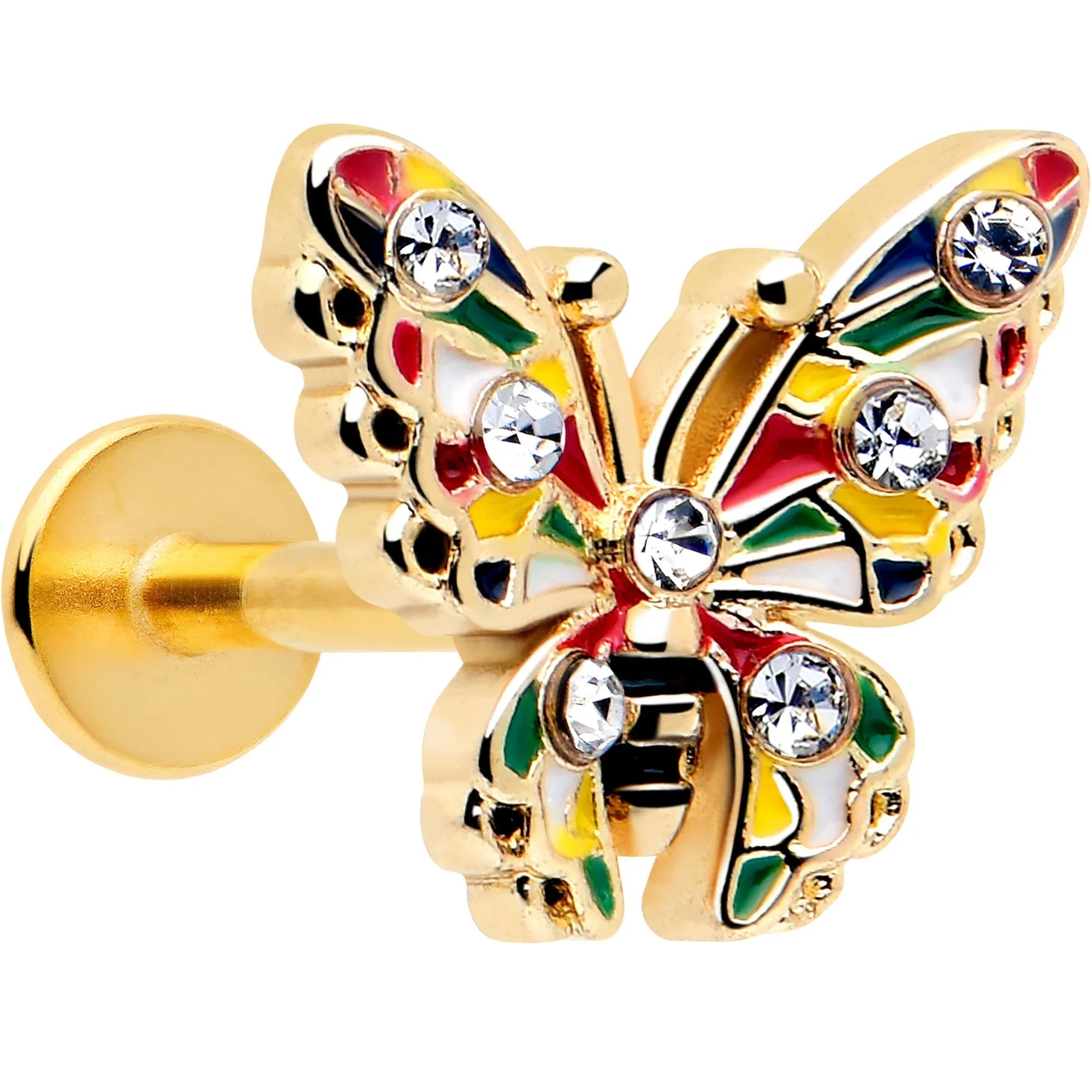 16G 1/4 Clear Gem Gold Tone Color Block Butterfly Labret - BodyCandy - Flyclothing LLC
