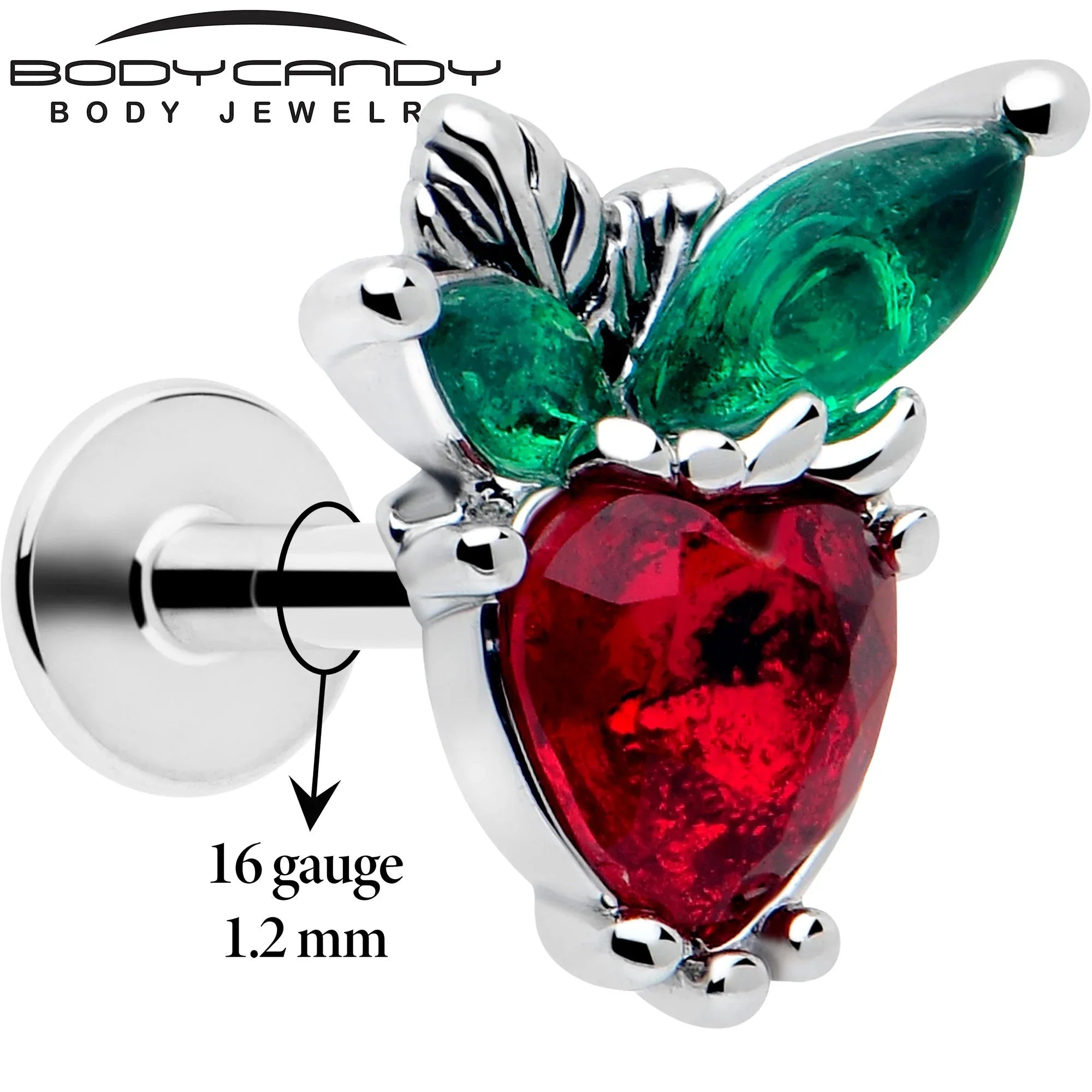 16G 1/4 Red Green Gem Strawberry Heart Labret - BodyCandy - Flyclothing LLC