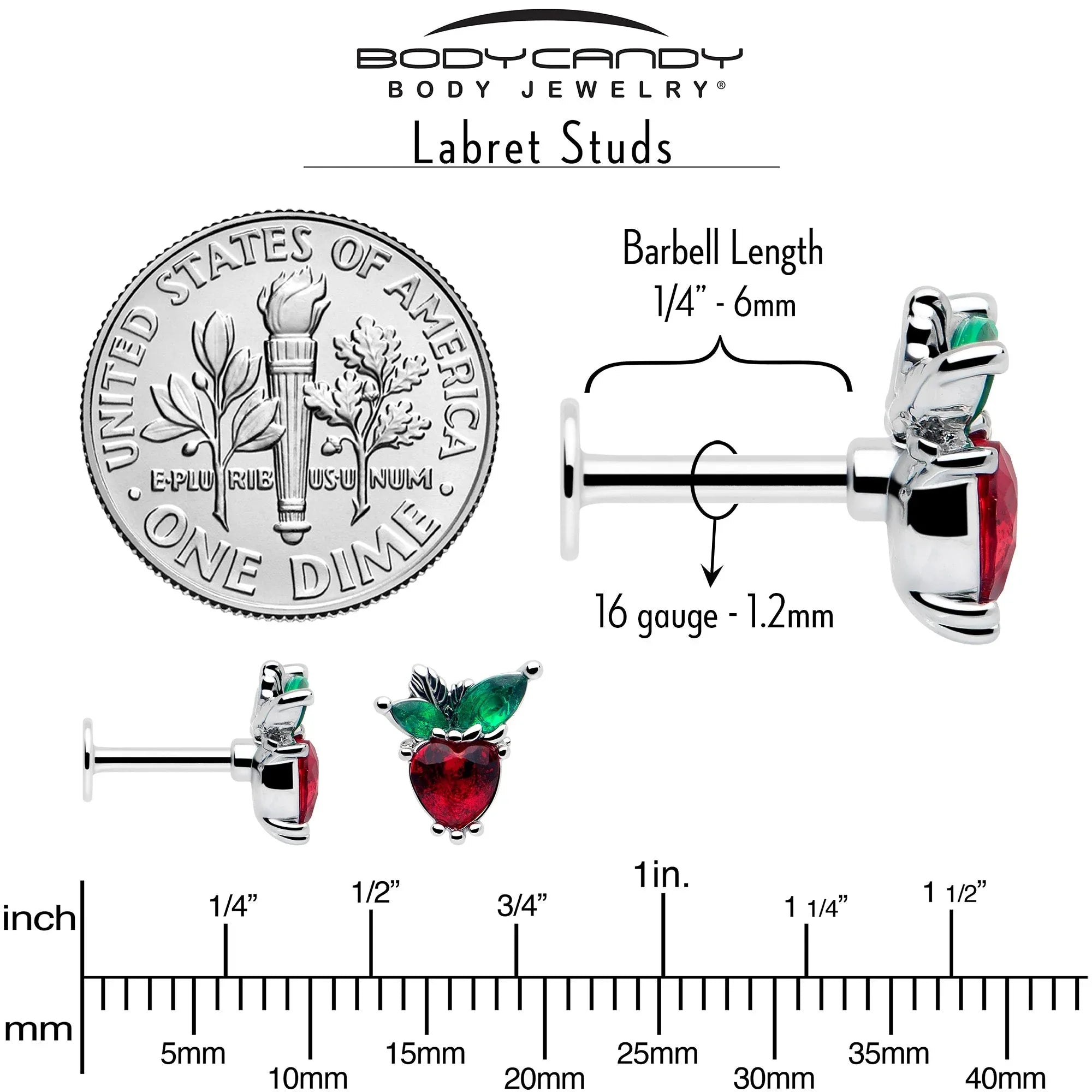 16G 1/4 Red Green Gem Strawberry Heart Labret - BodyCandy - Flyclothing LLC