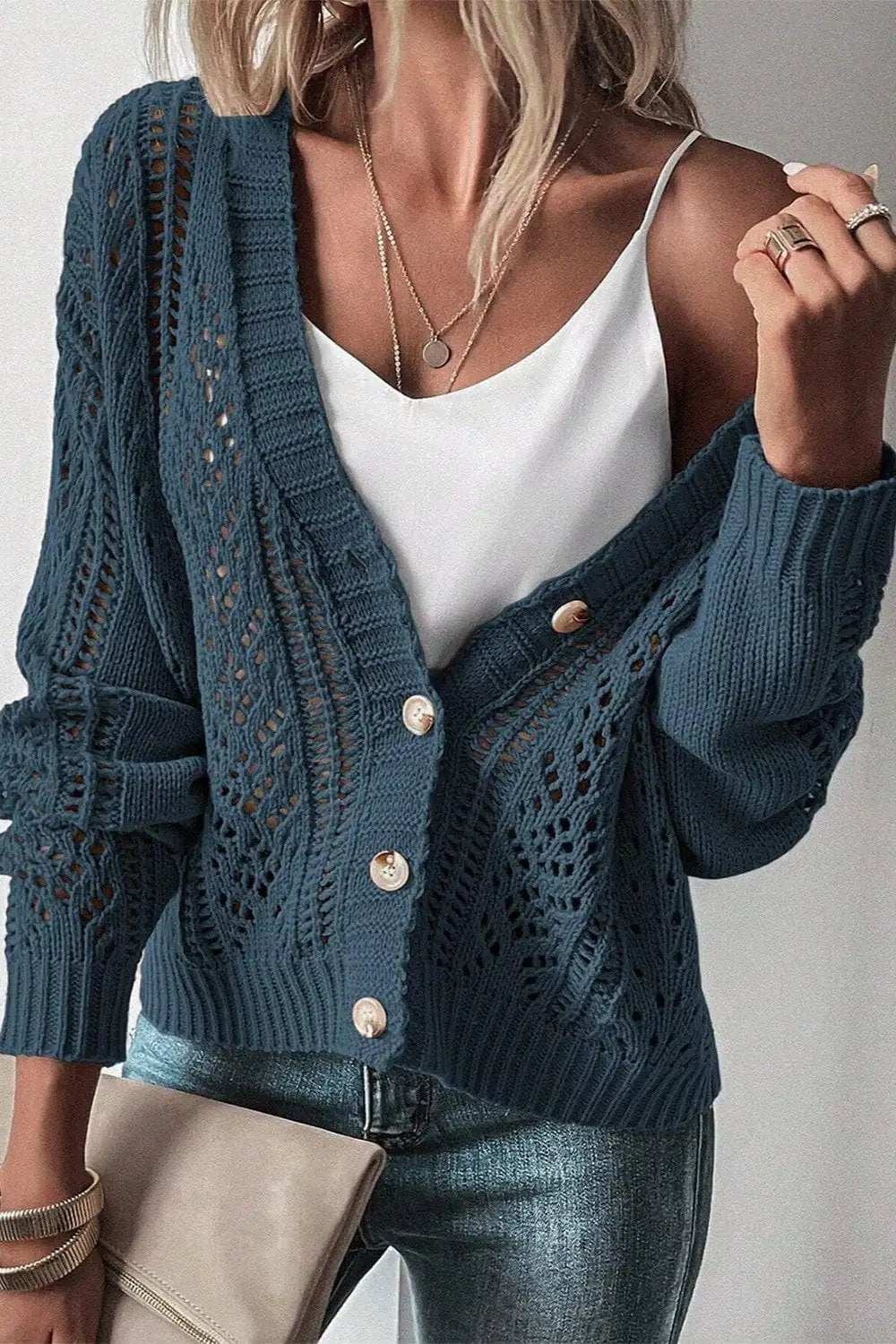 Openwork Button Up Long Sleeve Cardigan - Trendsi - Flyclothing LLC