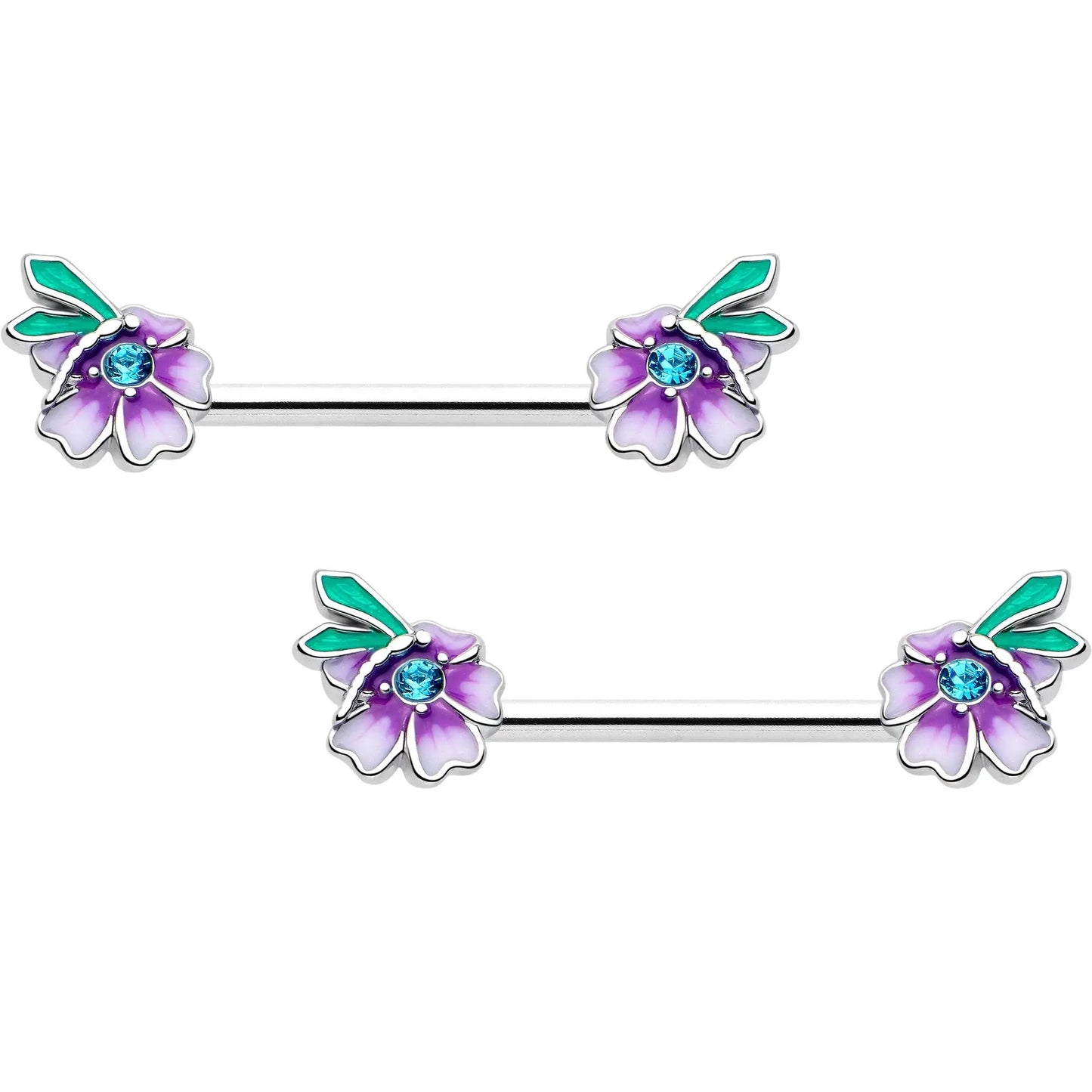 14G 9/16 Blue Gem Faerie Flower Purple Barbell Nipple Ring Set - BodyCandy - Flyclothing LLC