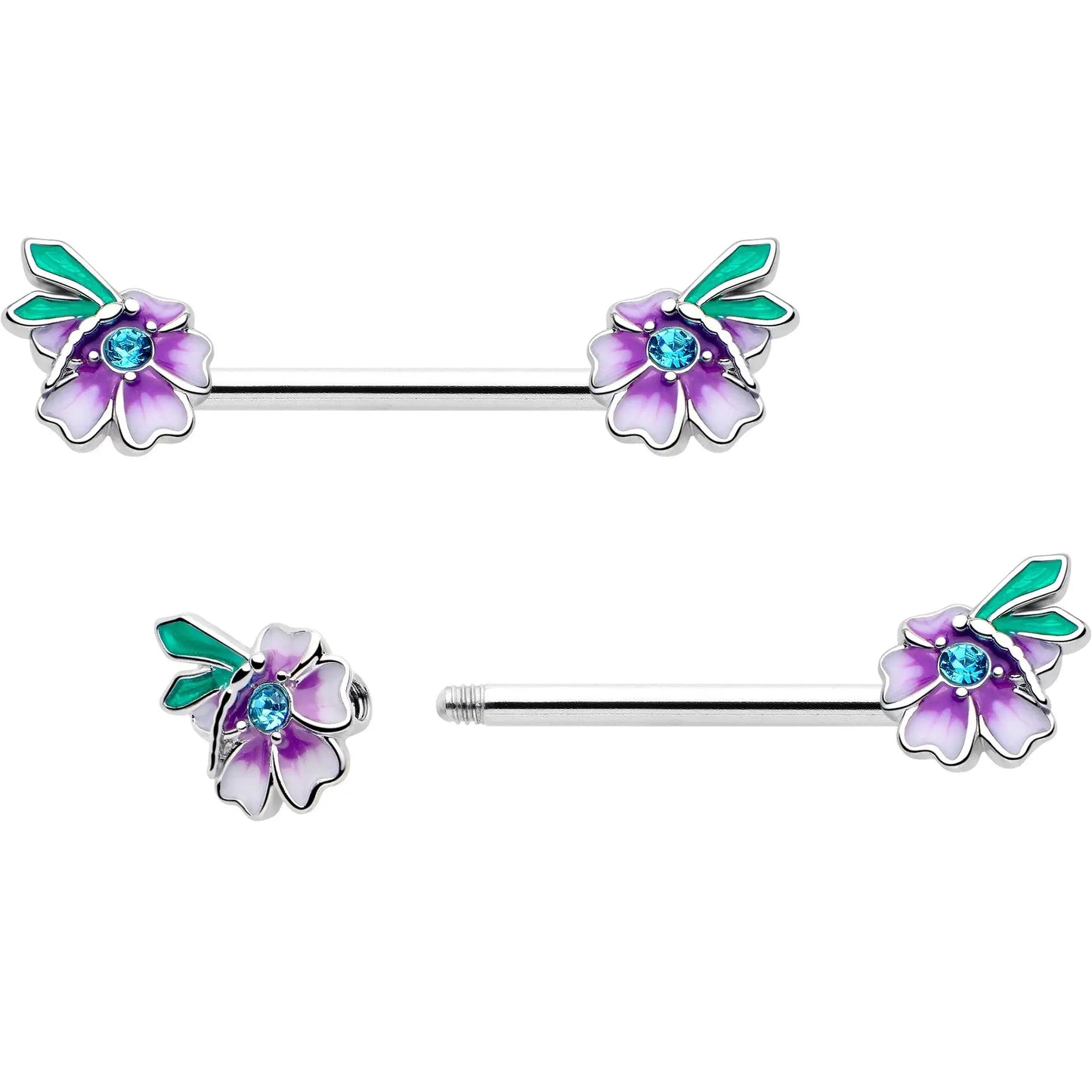 14G 9/16 Blue Gem Faerie Flower Purple Barbell Nipple Ring Set - BodyCandy - Flyclothing LLC