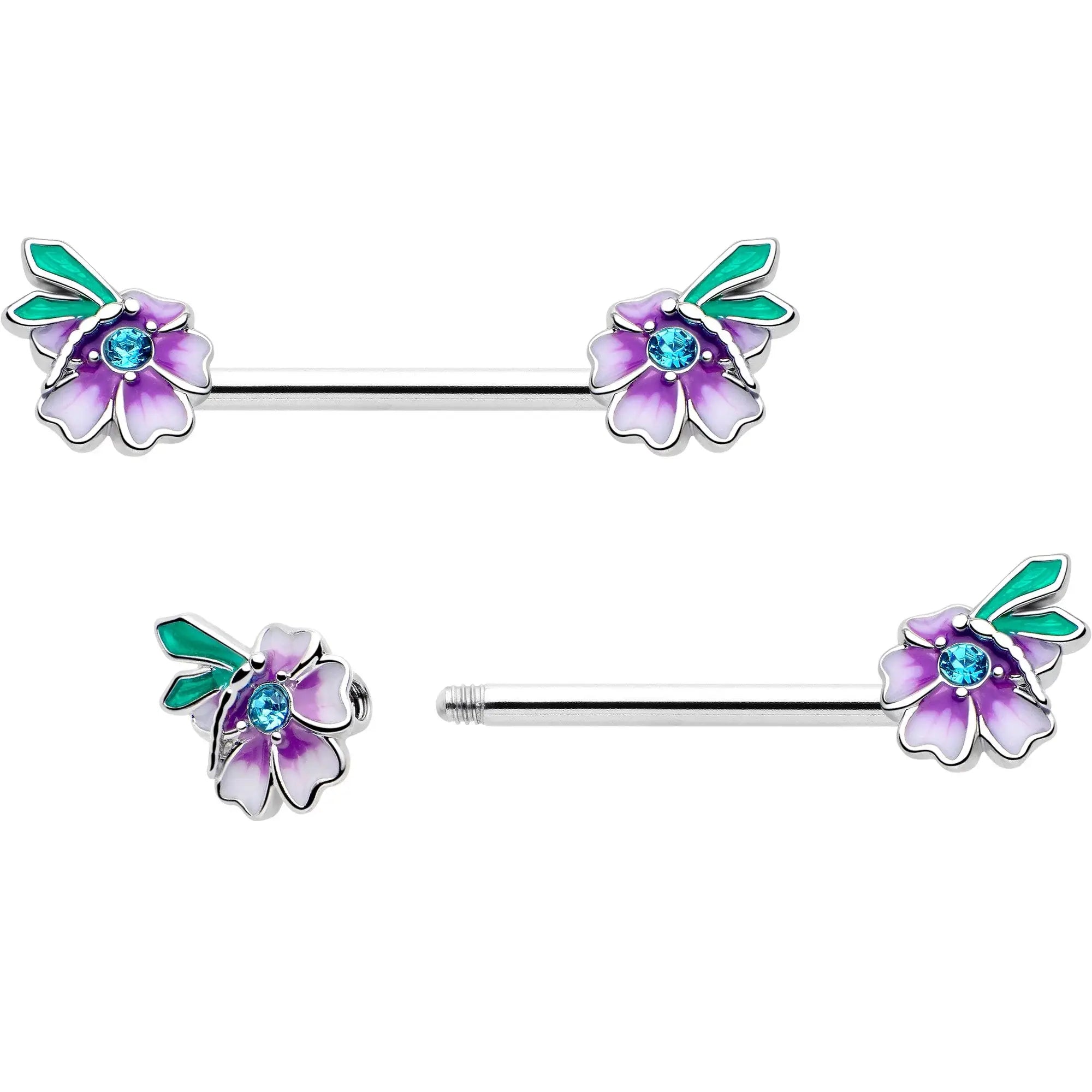14G 9/16 Blue Gem Faerie Flower Purple Barbell Nipple Ring Set - BodyCandy - Flyclothing LLC