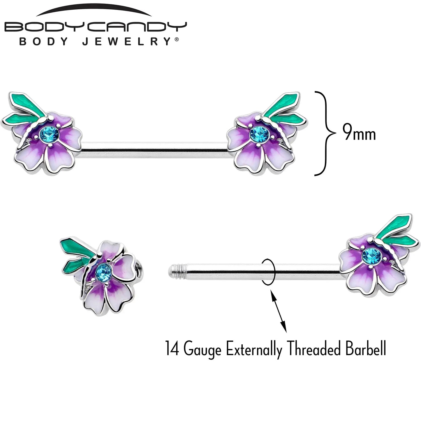 14G 9/16 Blue Gem Faerie Flower Purple Barbell Nipple Ring Set - BodyCandy - Flyclothing LLC