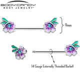 14G 9/16 Blue Gem Faerie Flower Purple Barbell Nipple Ring Set - BodyCandy - Flyclothing LLC