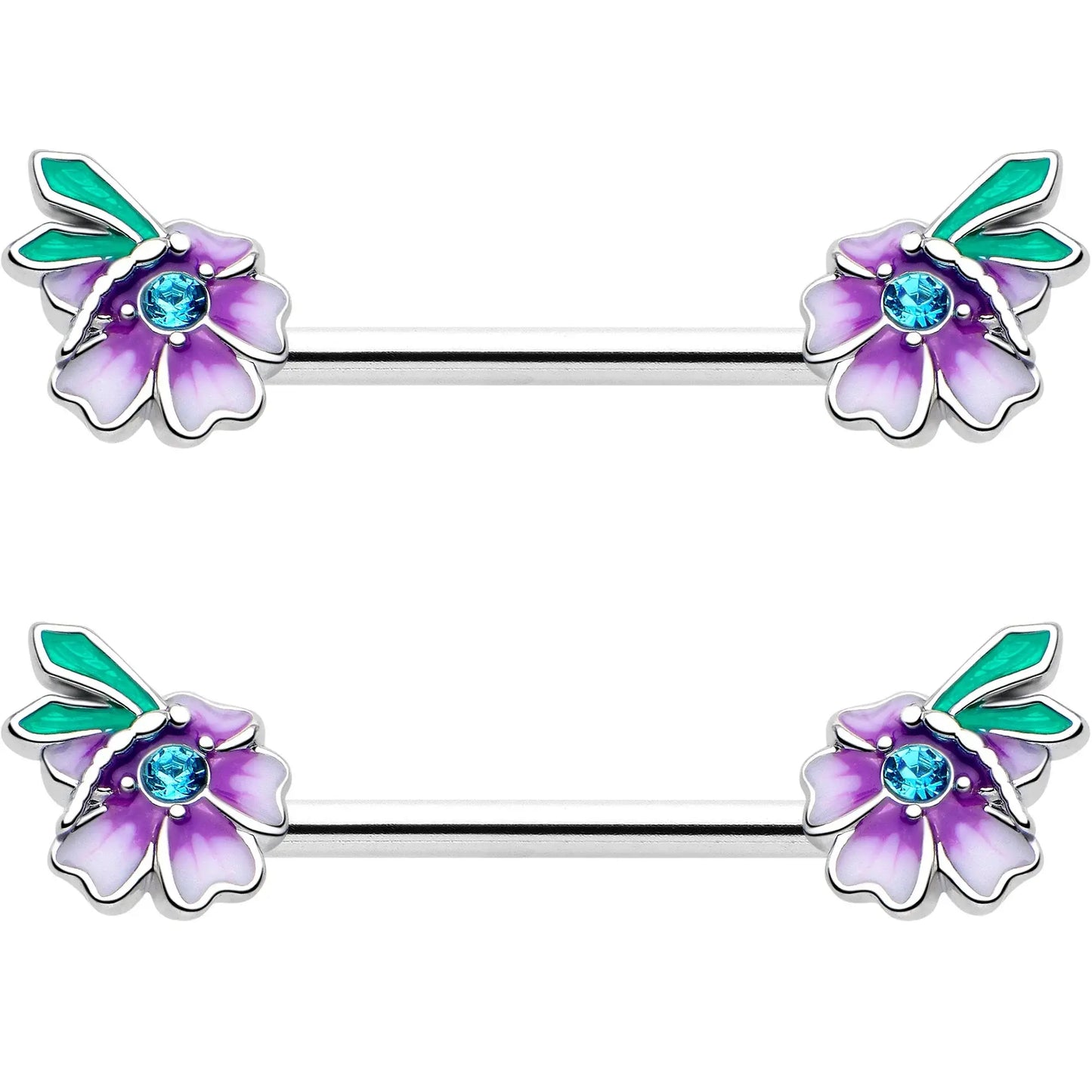 14G 9/16 Blue Gem Faerie Flower Purple Barbell Nipple Ring Set - BodyCandy - Flyclothing LLC