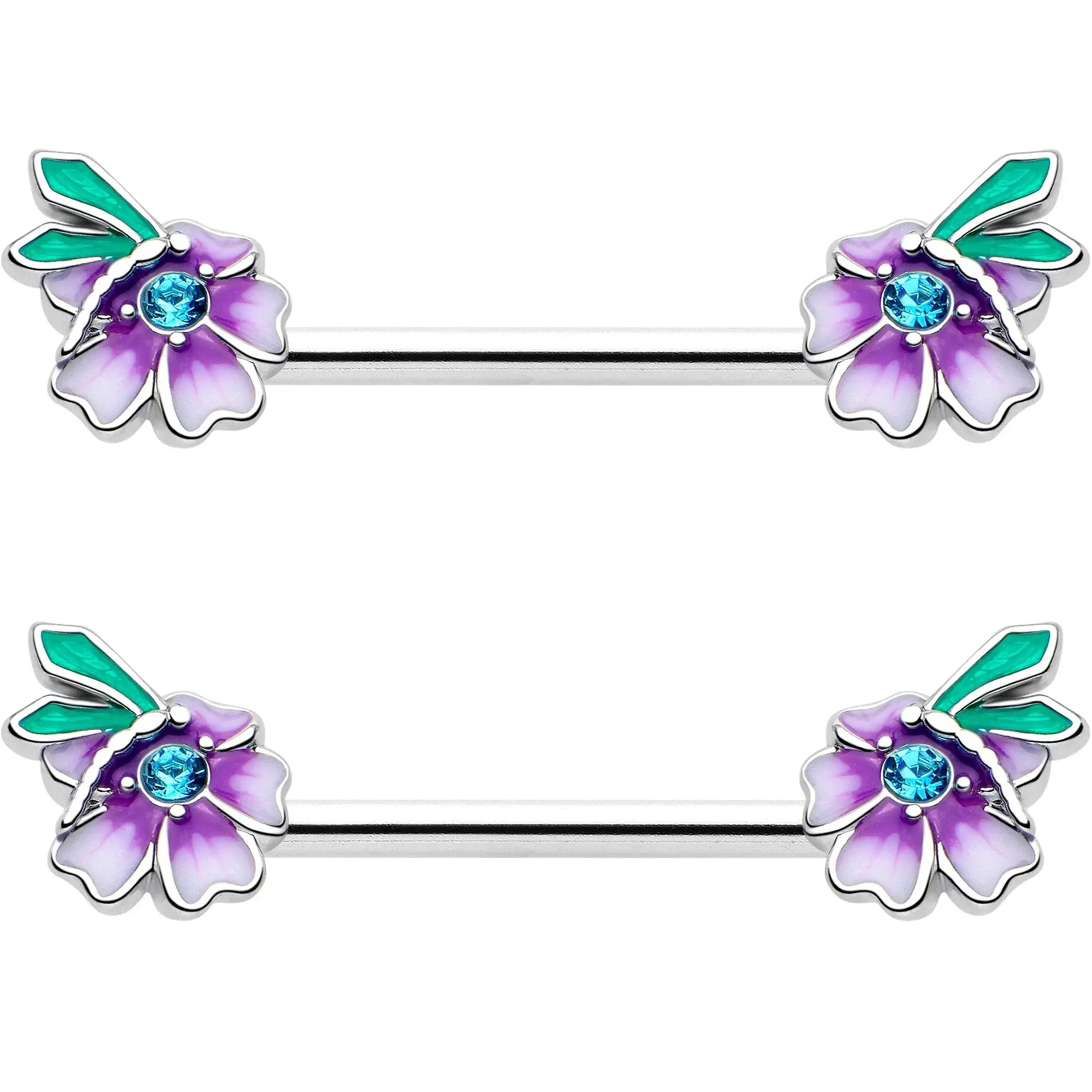14G 9/16 Blue Gem Faerie Flower Purple Barbell Nipple Ring Set - BodyCandy - Flyclothing LLC