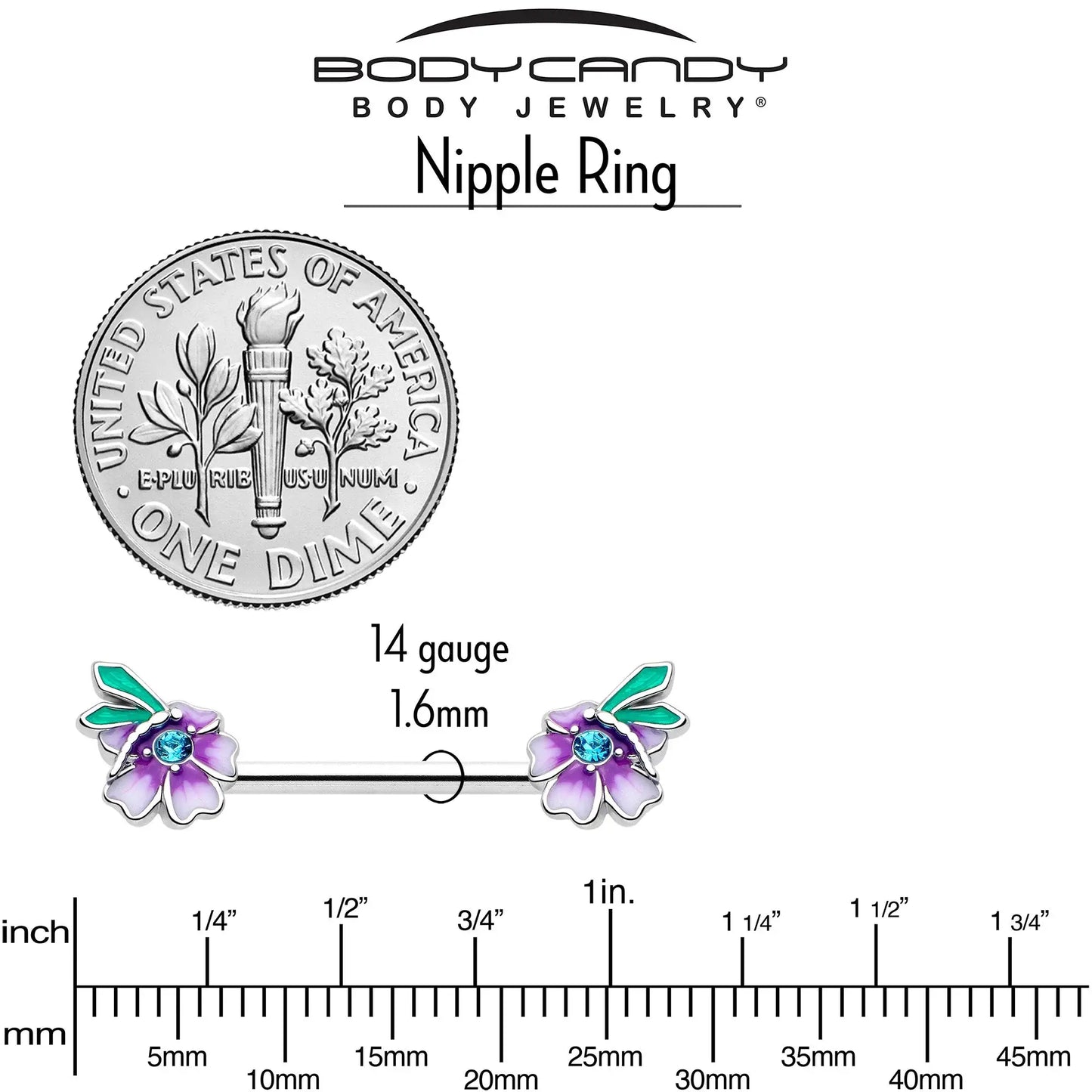 14G 9/16 Blue Gem Faerie Flower Purple Barbell Nipple Ring Set - BodyCandy - Flyclothing LLC