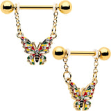 14G 9/16 Clear Gem Gold Tone Color Block Butterfly Dangle Nipple Ring Set - BodyCandy - Flyclothing LLC