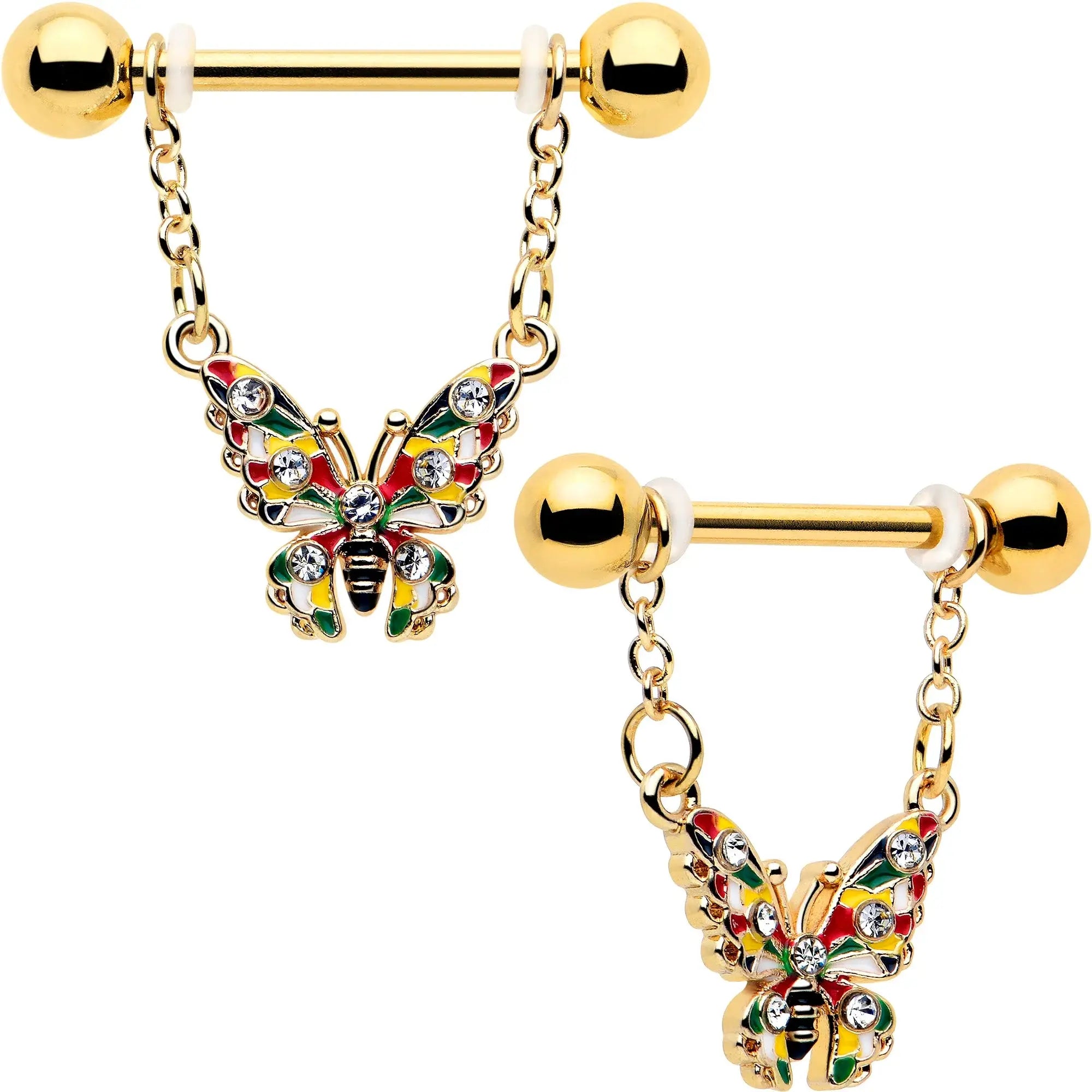14G 9/16 Clear Gem Gold Tone Color Block Butterfly Dangle Nipple Ring Set - BodyCandy - Flyclothing LLC