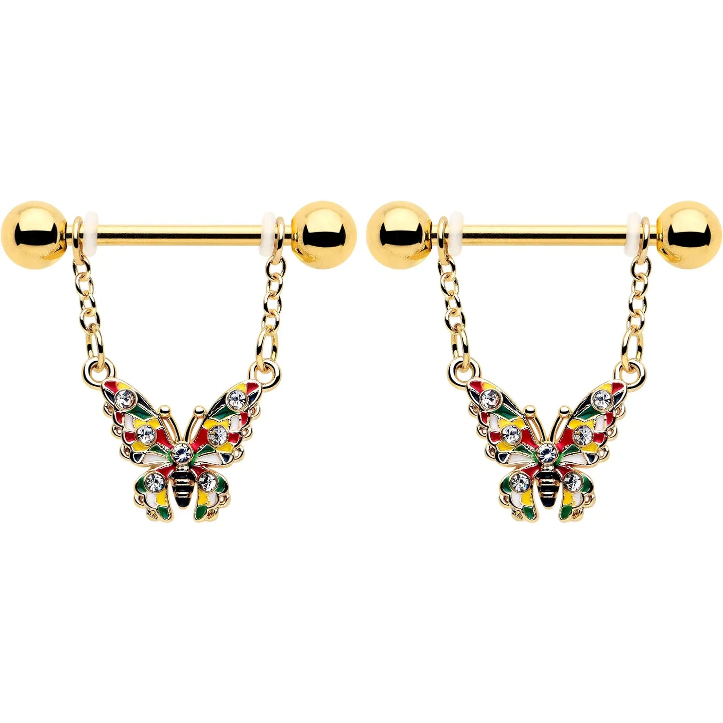 14G 9/16 Clear Gem Gold Tone Color Block Butterfly Dangle Nipple Ring Set - BodyCandy - Flyclothing LLC