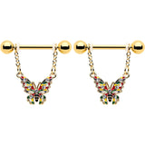 14G 9/16 Clear Gem Gold Tone Color Block Butterfly Dangle Nipple Ring Set - BodyCandy - Flyclothing LLC