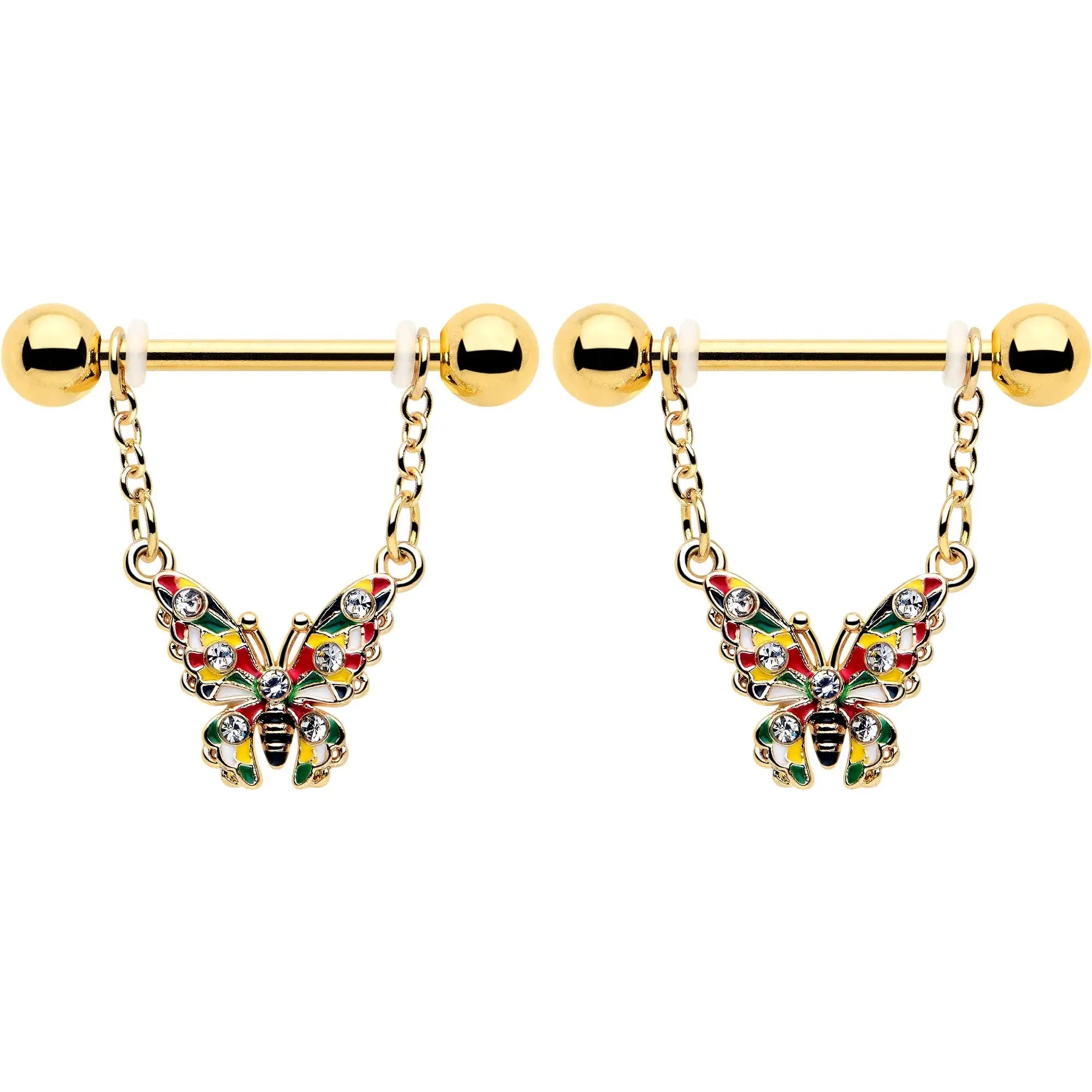 14G 9/16 Clear Gem Gold Tone Color Block Butterfly Dangle Nipple Ring Set - BodyCandy - Flyclothing LLC