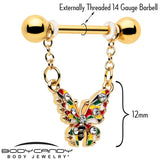 14G 9/16 Clear Gem Gold Tone Color Block Butterfly Dangle Nipple Ring Set - BodyCandy - Flyclothing LLC