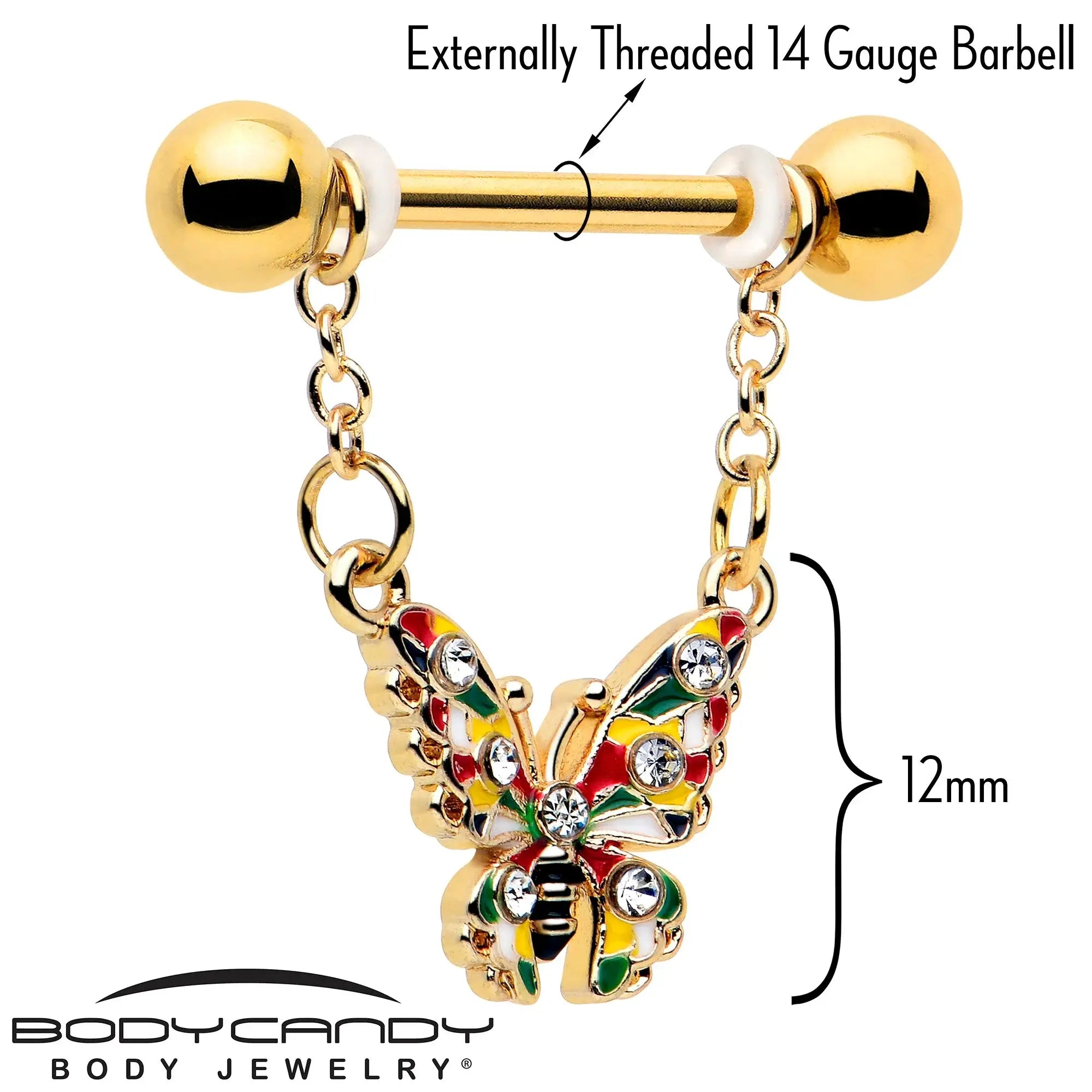 14G 9/16 Clear Gem Gold Tone Color Block Butterfly Dangle Nipple Ring Set - BodyCandy - Flyclothing LLC