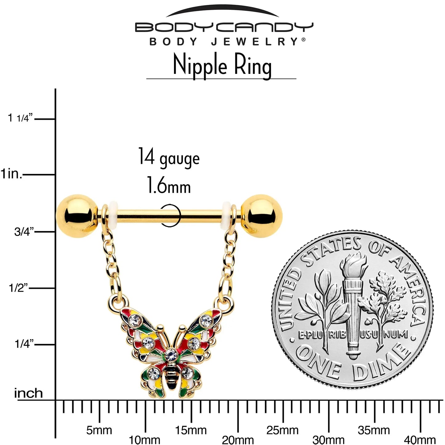 14G 9/16 Clear Gem Gold Tone Color Block Butterfly Dangle Nipple Ring Set - BodyCandy - Flyclothing LLC