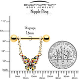 14G 9/16 Clear Gem Gold Tone Color Block Butterfly Dangle Nipple Ring Set - BodyCandy - Flyclothing LLC