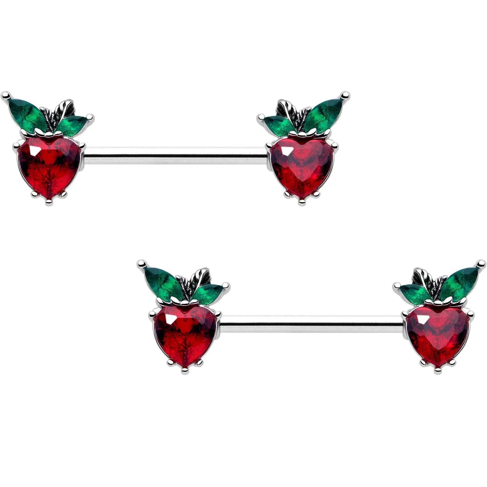 14G 9/16 Red Green Gem Strawberry Heart Barbell Nipple Ring Set - BodyCandy - Flyclothing LLC