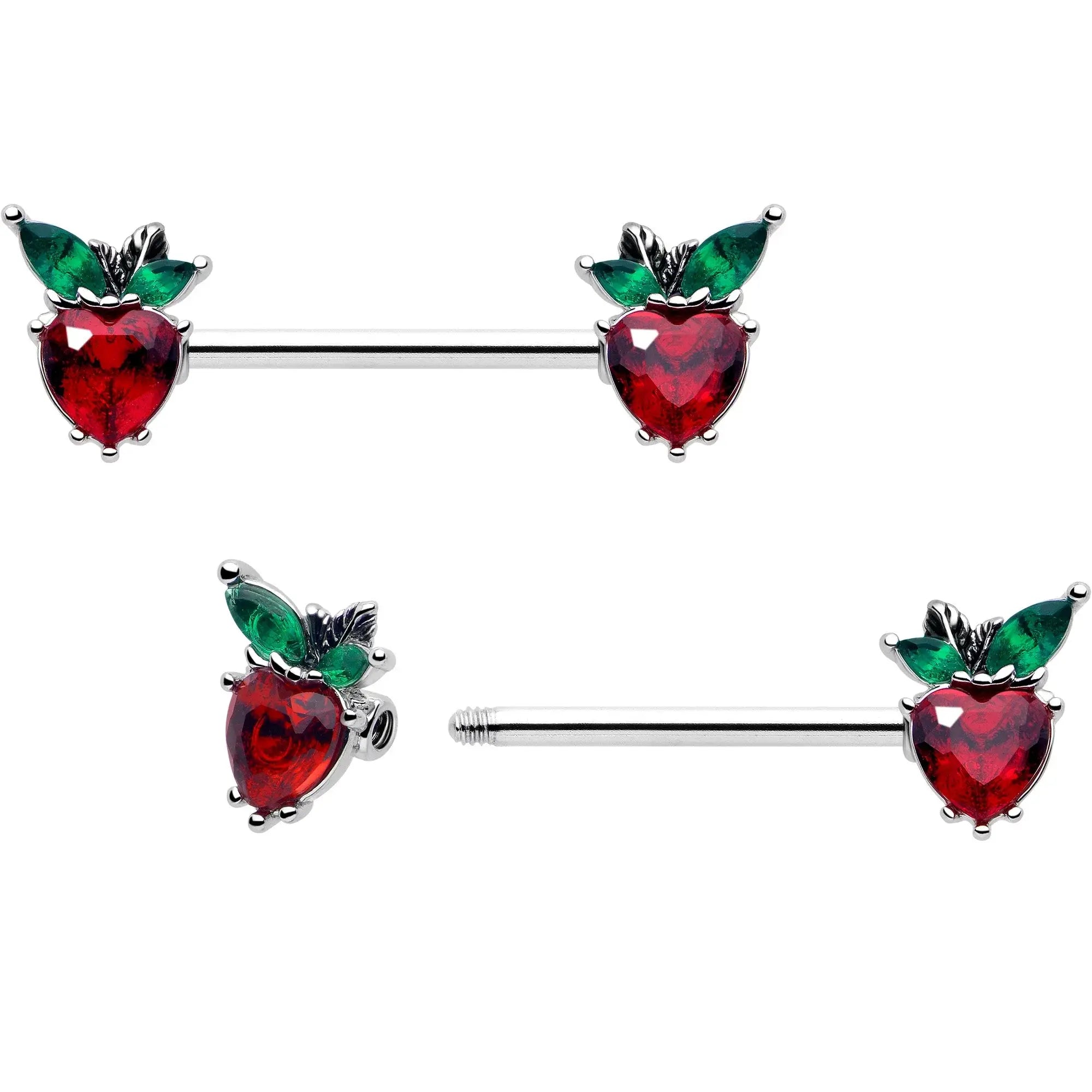 14G 9/16 Red Green Gem Strawberry Heart Barbell Nipple Ring Set - BodyCandy - Flyclothing LLC