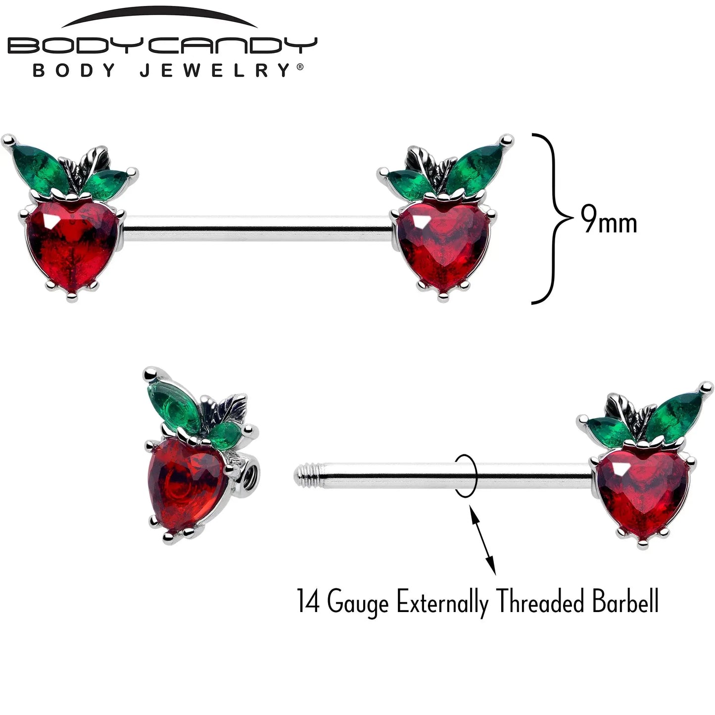14G 9/16 Red Green Gem Strawberry Heart Barbell Nipple Ring Set - BodyCandy - Flyclothing LLC