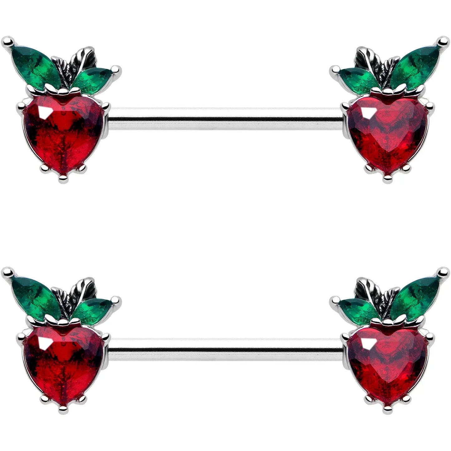 14G 9/16 Red Green Gem Strawberry Heart Barbell Nipple Ring Set - BodyCandy - Flyclothing LLC