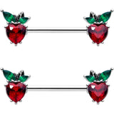 14G 9/16 Red Green Gem Strawberry Heart Barbell Nipple Ring Set - BodyCandy - Flyclothing LLC